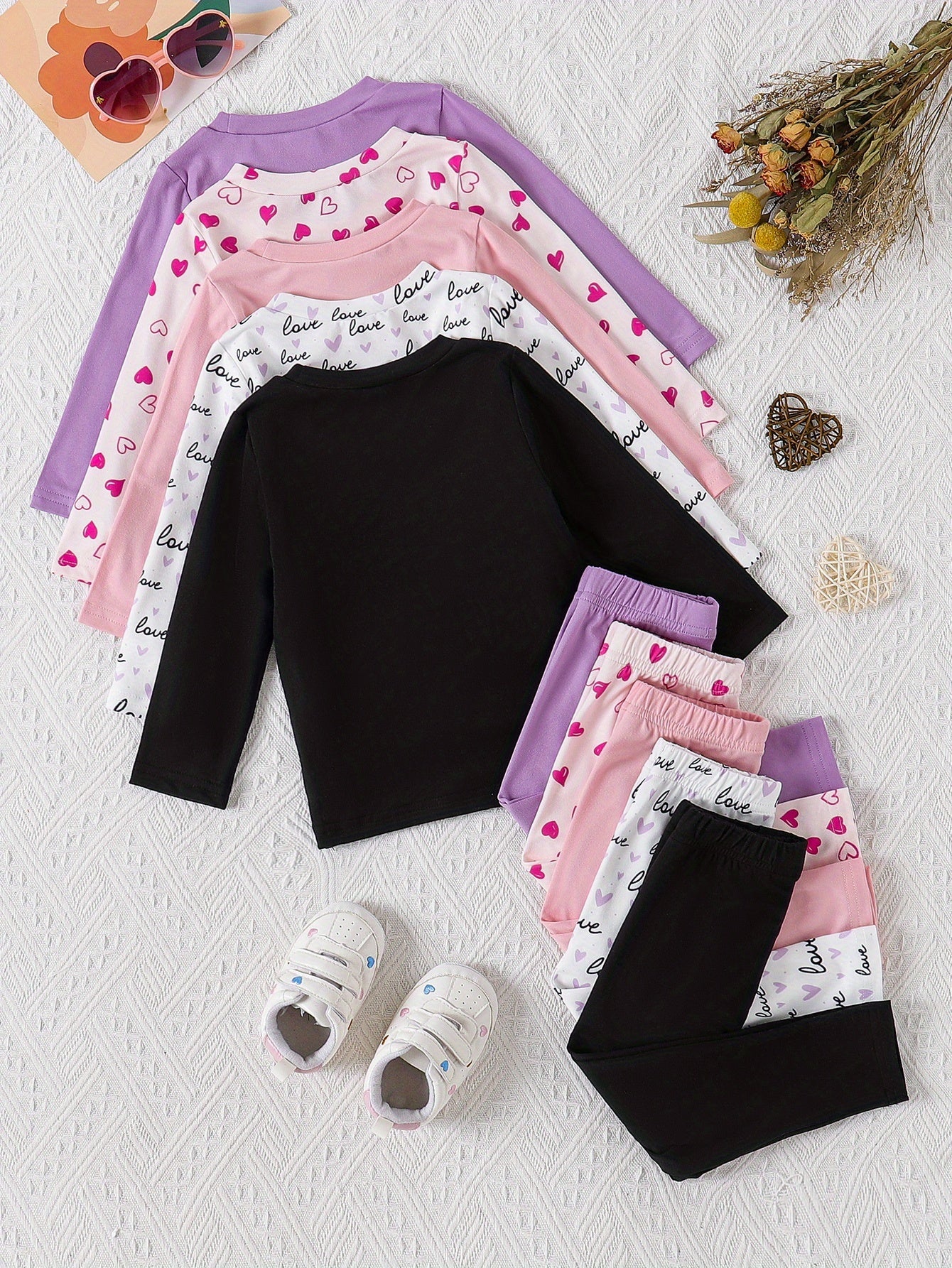 Baby Girls Casual Long Sleeve Pants Set With Heart Print