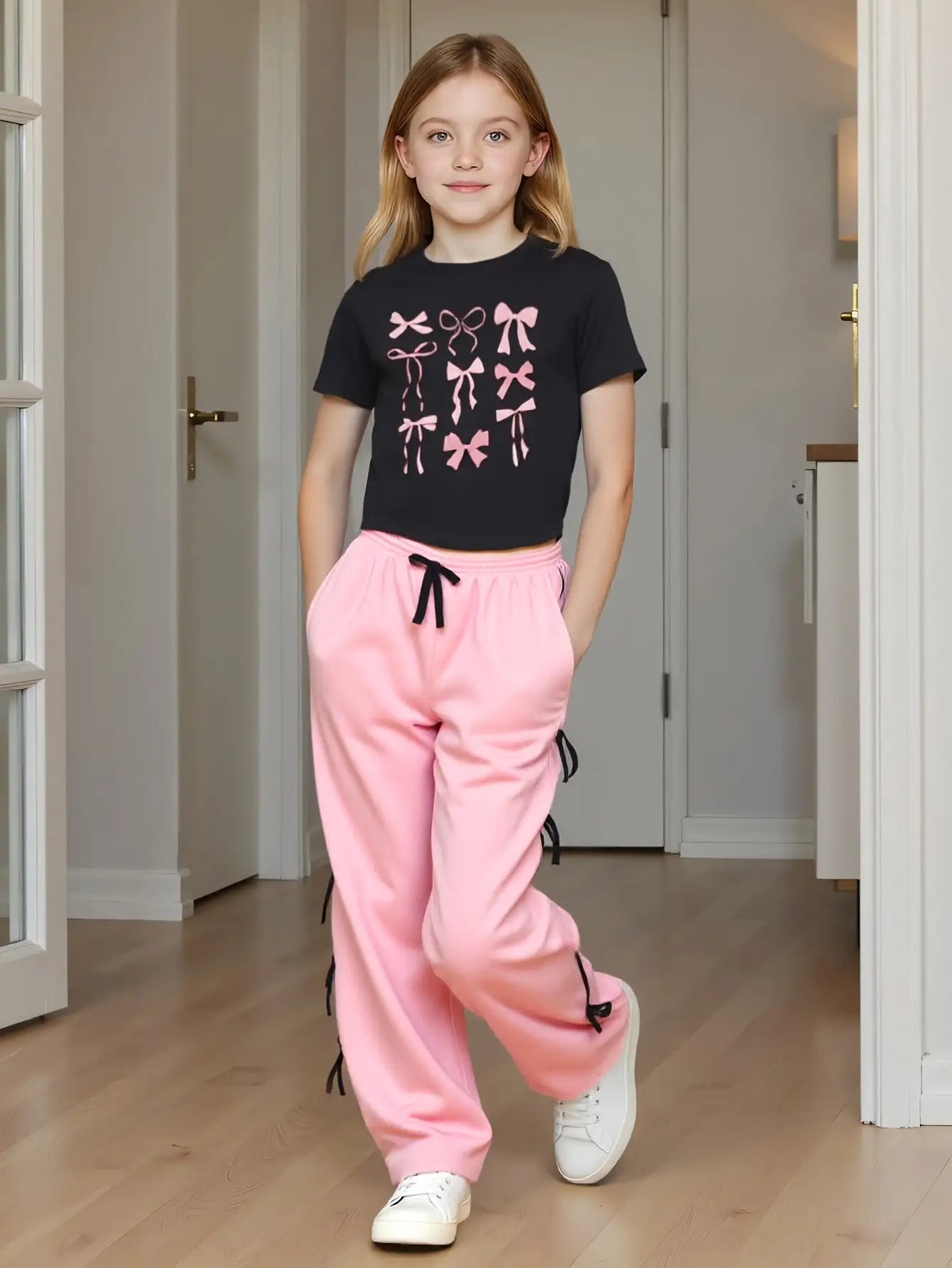 Girls 3D Digital Print Short Sleeve Cropped Pants Set Pockets