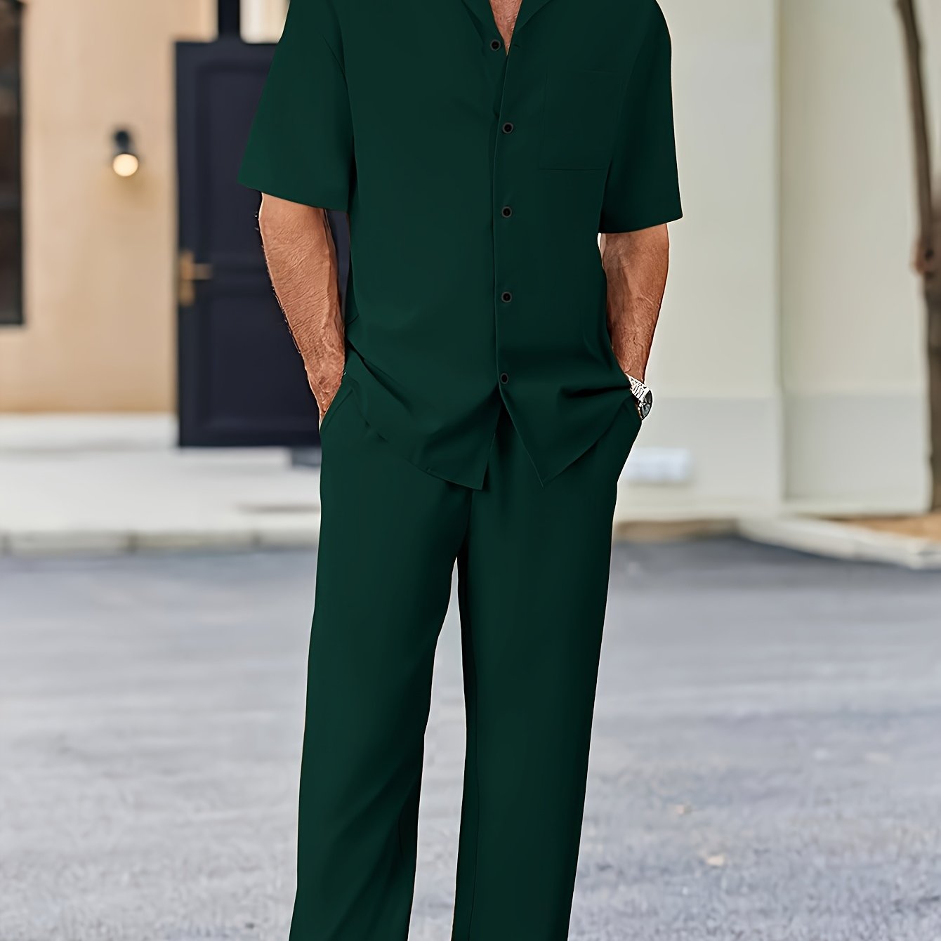 Machine Washable Polyester Men's Casual Suit-Inspired Short Sleeve Shirt & Loose Straight Pants Set
