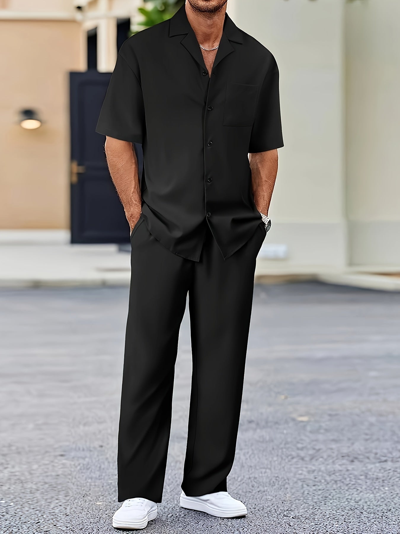 Machine Washable Polyester Men's Casual Suit-Inspired Short Sleeve Shirt & Loose Straight Pants Set
