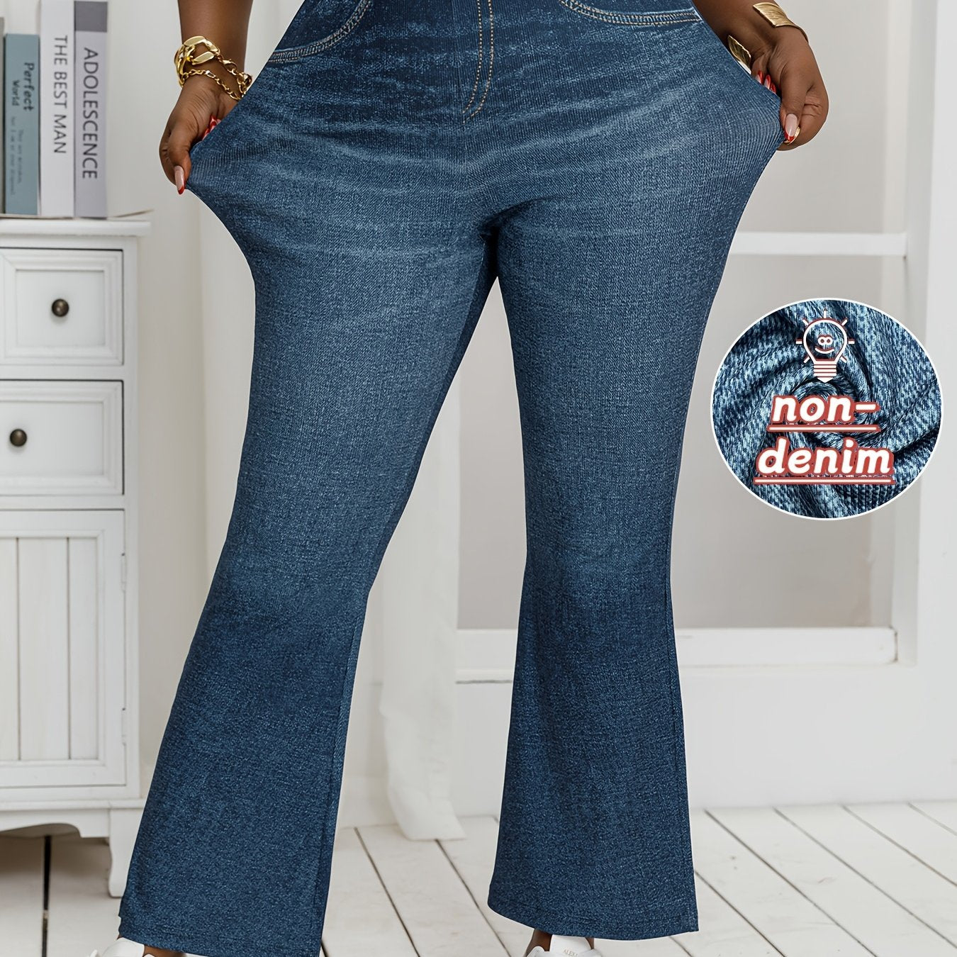 Plus Size, [Denim Print/Imitation Denim] Women's Plus Size High-Waisted Light Wash Blue Distressed All-Over Print Wide-Leg Tapered Bell-Bottom Jeans - Stretchy Comfortable Loose-Fit Trousers with Faux Pockets, Machine Washabl