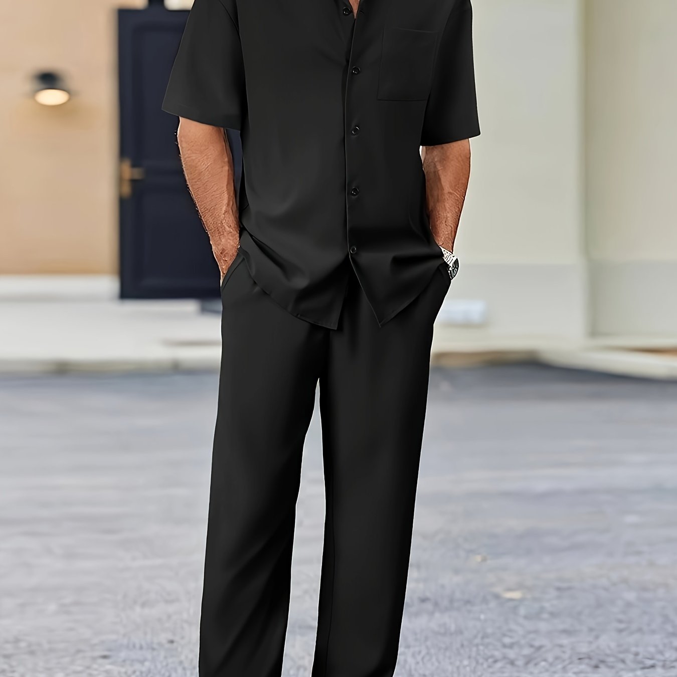 Machine Washable Polyester Men's Casual Suit-Inspired Short Sleeve Shirt & Loose Straight Pants Set
