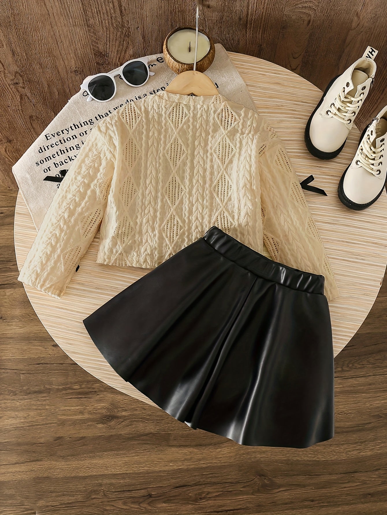 Girls Autumn Winter Knitted Butterfly Top And Leather Skirt Set