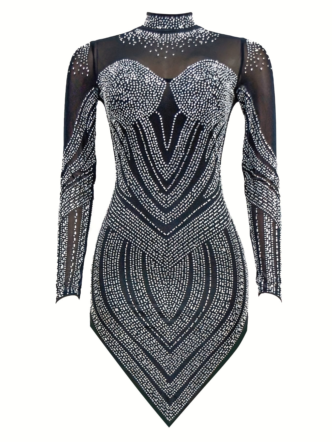 Rhinestone Semi-Sheer Dress High Neck Long Sleeve Bodycon Party Dress For Women