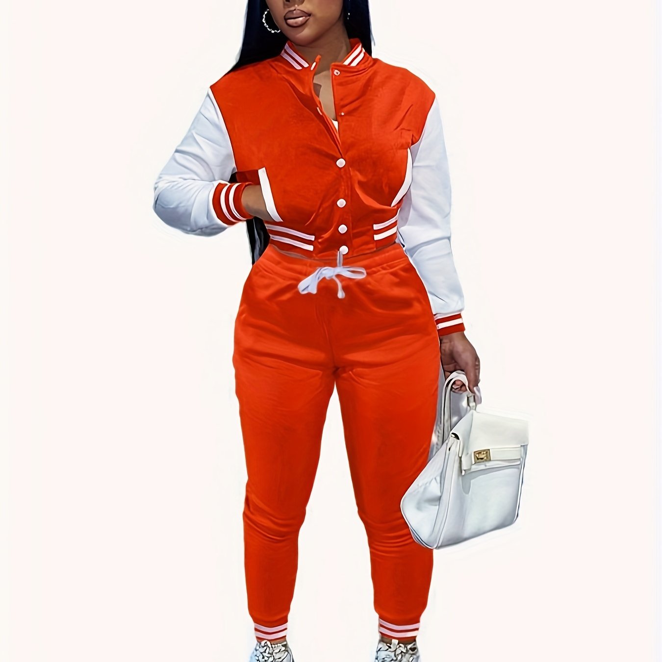 [Casual Baseball Jacket Set] Women's Casual Two-Piece Set - Solid Color Baseball Jacket & Pants, Long Sleeve, Regular Fit, Single-Breasted Buttons | Casual Style