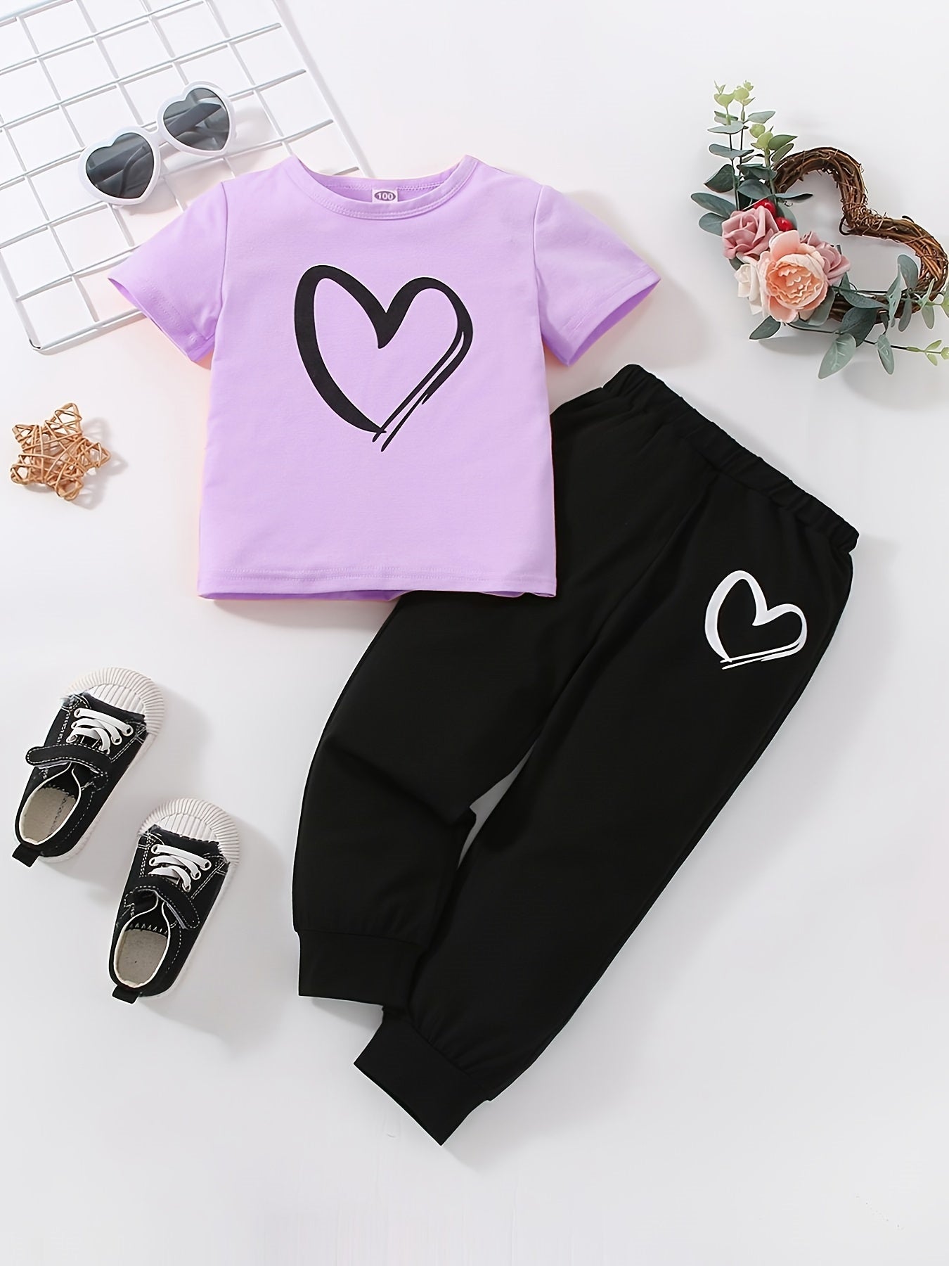 JOPGEEY Girls Heart Print 2pc T Shirt And Sweatpants Set