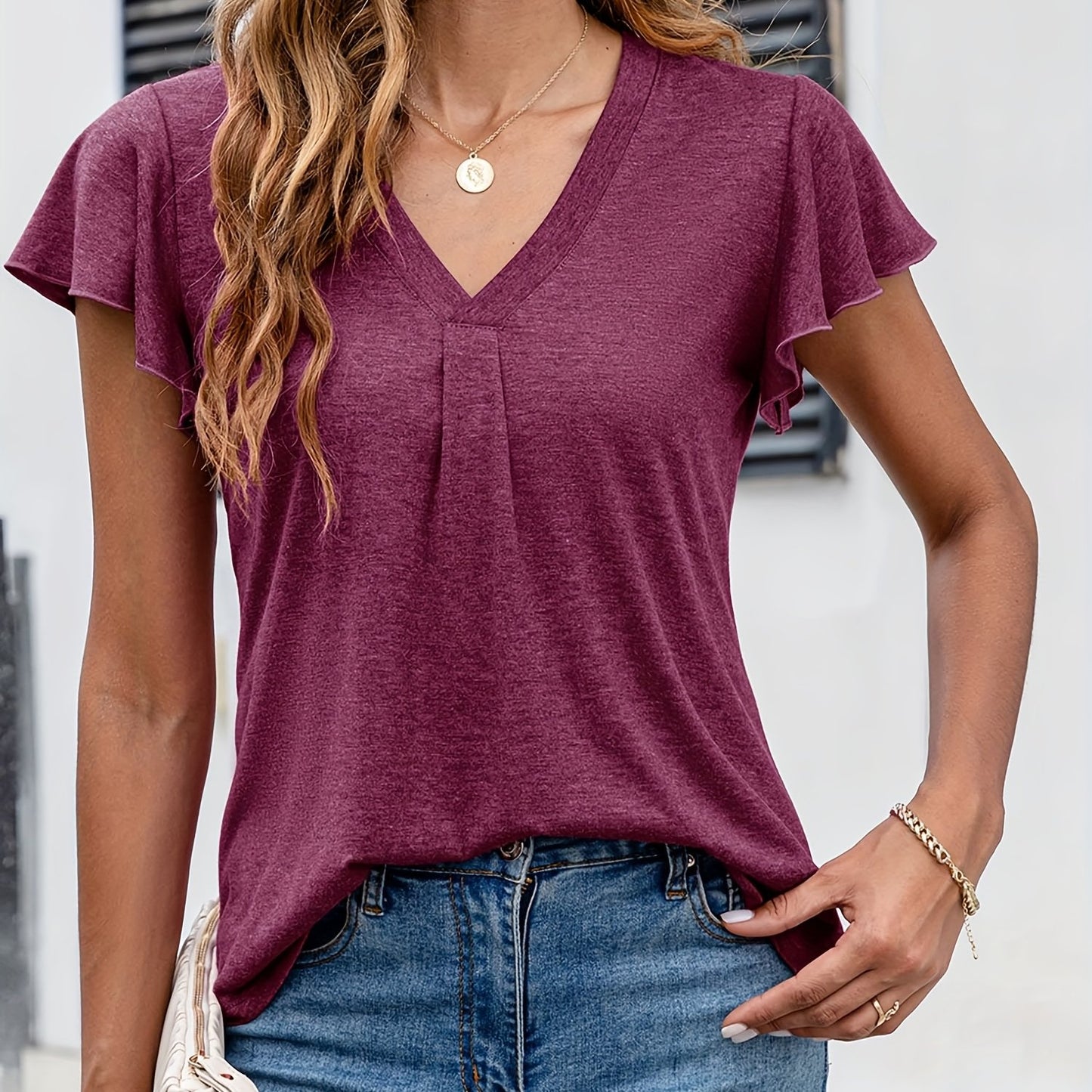 KTILG Womens Dressy Casual Flutter Sleeve V Neck Tunic Top