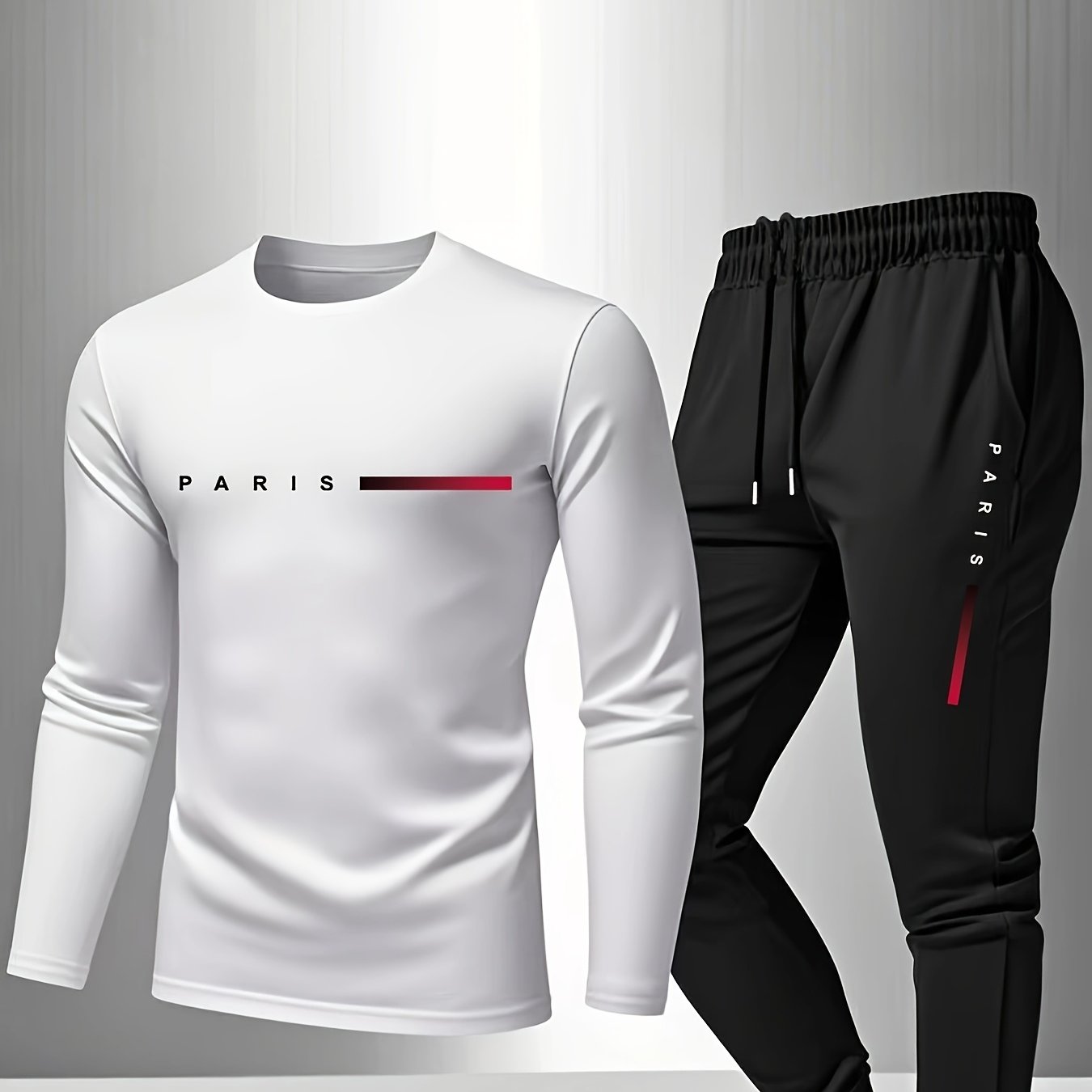 Men'S Casual Athletic Set - Red Long Sleeve T-Shirt with "PARIS" Logo & Black Joggers, Comfortable Polyester Blend, Perfect for Home or Gym, Gym Apparel|Casual Style|Polyester Blend