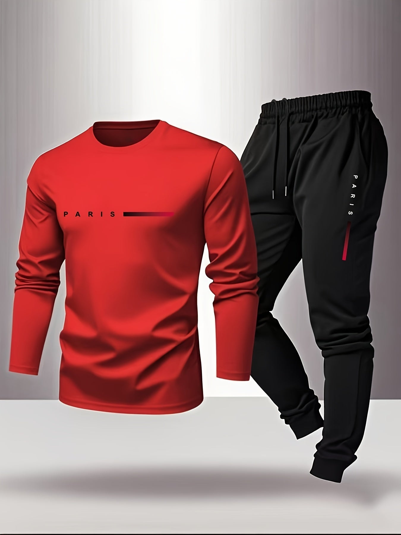 Men'S Casual Athletic Set - Red Long Sleeve T-Shirt with "PARIS" Logo & Black Joggers, Comfortable Polyester Blend, Perfect for Home or Gym, Gym Apparel|Casual Style|Polyester Blend