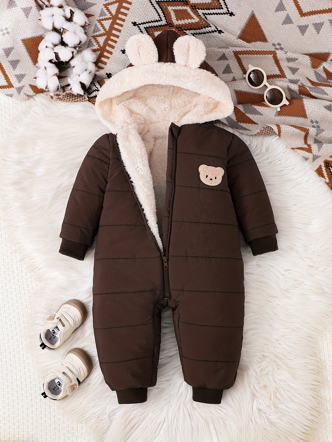 Baby Boy Winter Plush Hooded Jumpsuit for Outdoors