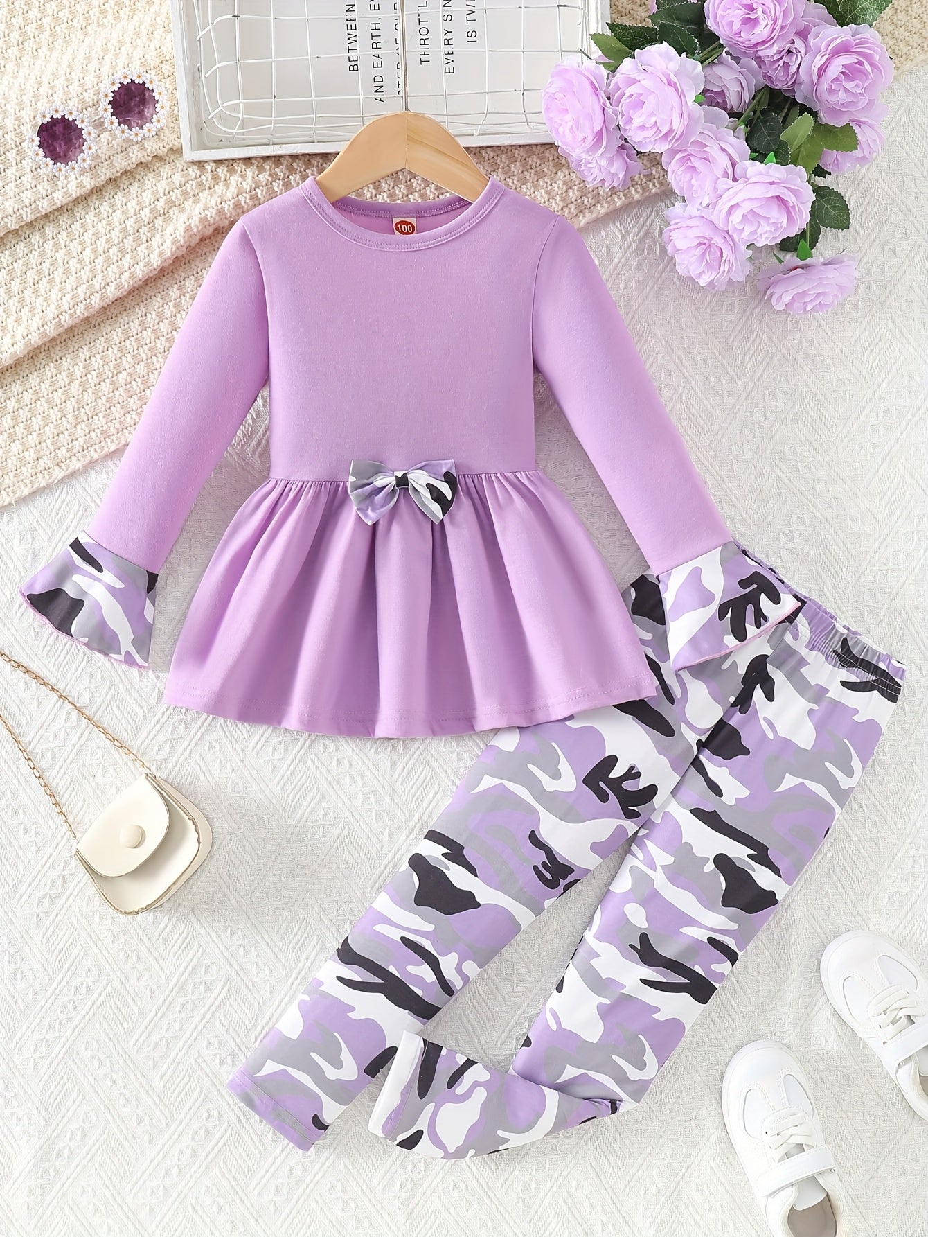 Girls Camouflage Bow Tie Flared Dress and Print Pants Set