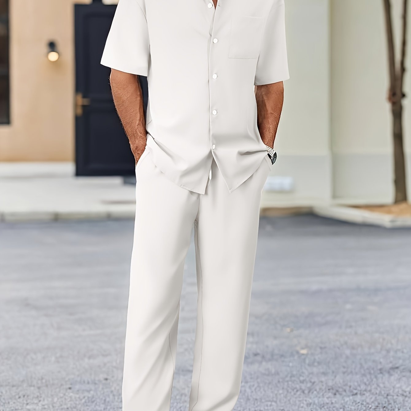 Machine Washable Polyester Men's Casual Suit-Inspired Short Sleeve Shirt & Loose Straight Pants Set