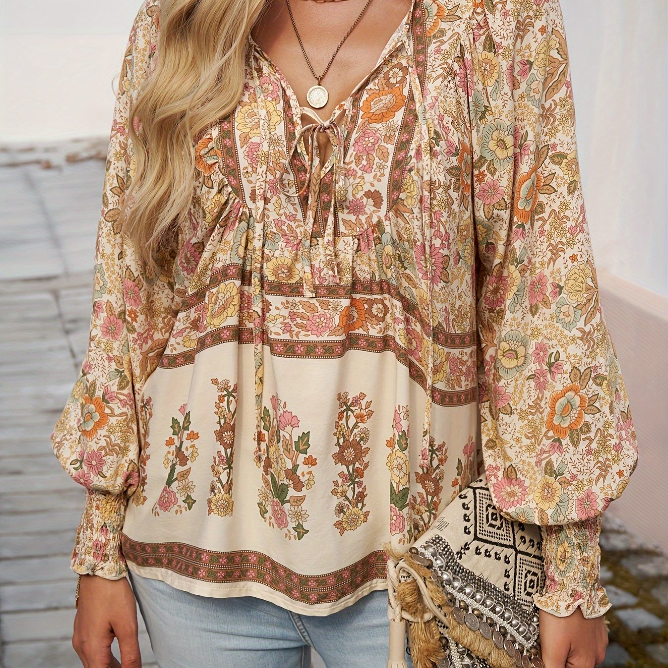 Floral Print V Neck Blouse With Drawstring Long Sleeve