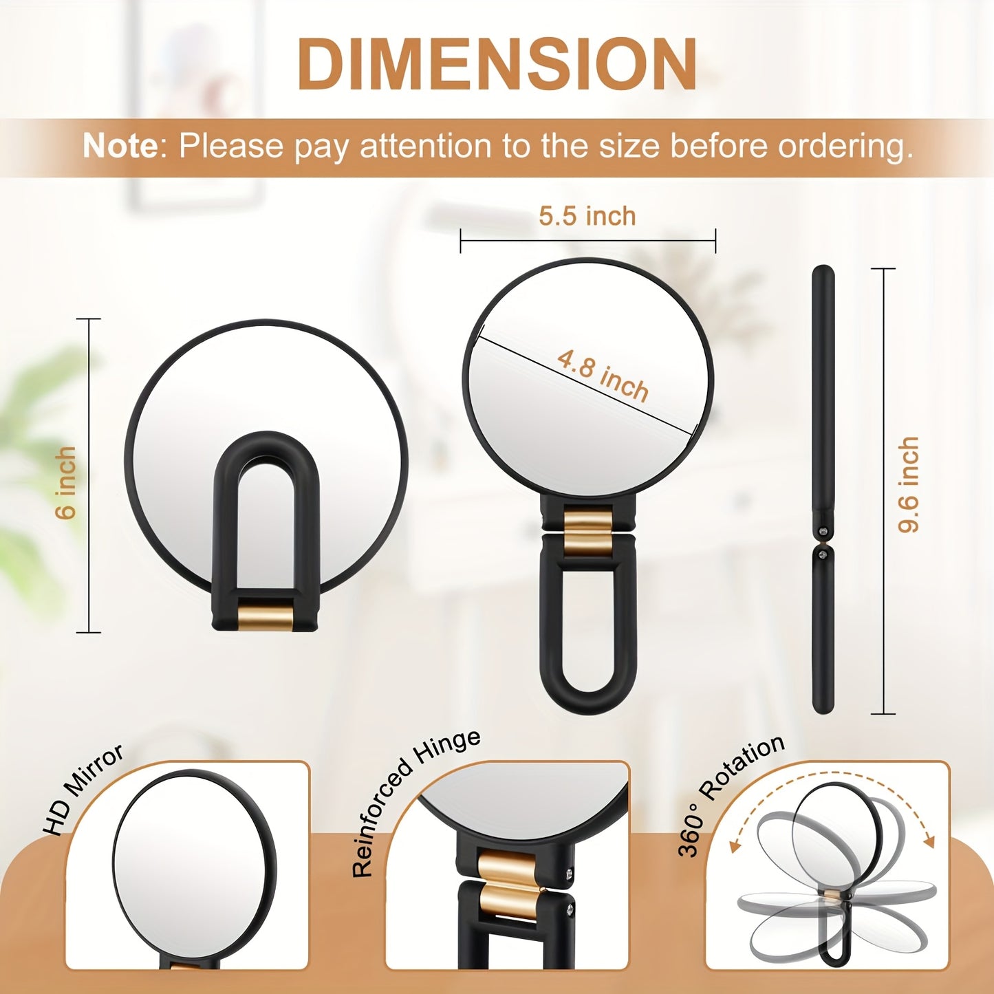 50x Magnifying Mirror with Dual-Sided 1X/50X Magnification - Portable Handheld Makeup Mirror with 360° Adjustable Handle, Foldable Travel Design, No Battery Needed - for Professional Makeup, Facial Hair, Eyebrows, Blemishes