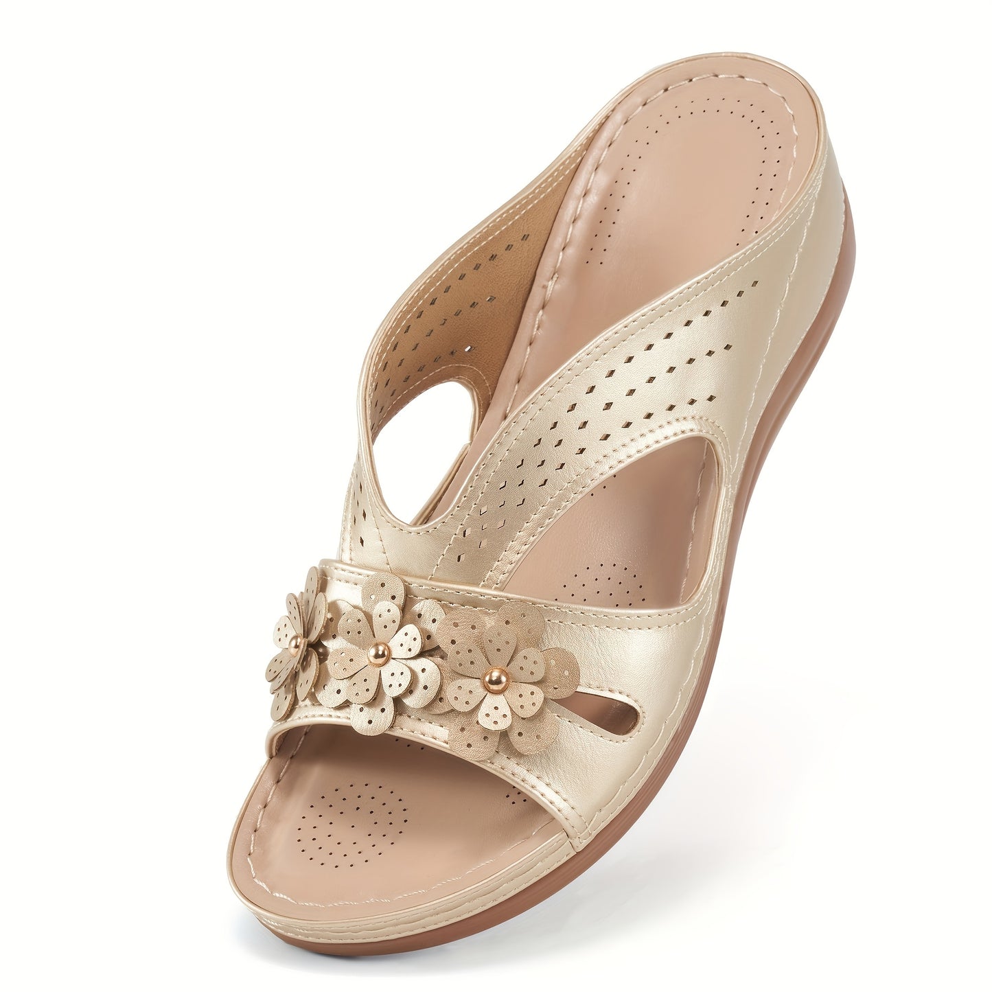 ECETANA Womens Wedge Sandals Floral Cutout Slip On Comfort