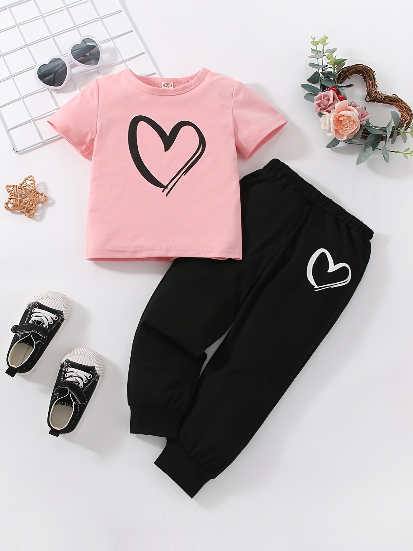 JOPGEEY Girls Heart Print 2pc T Shirt And Sweatpants Set