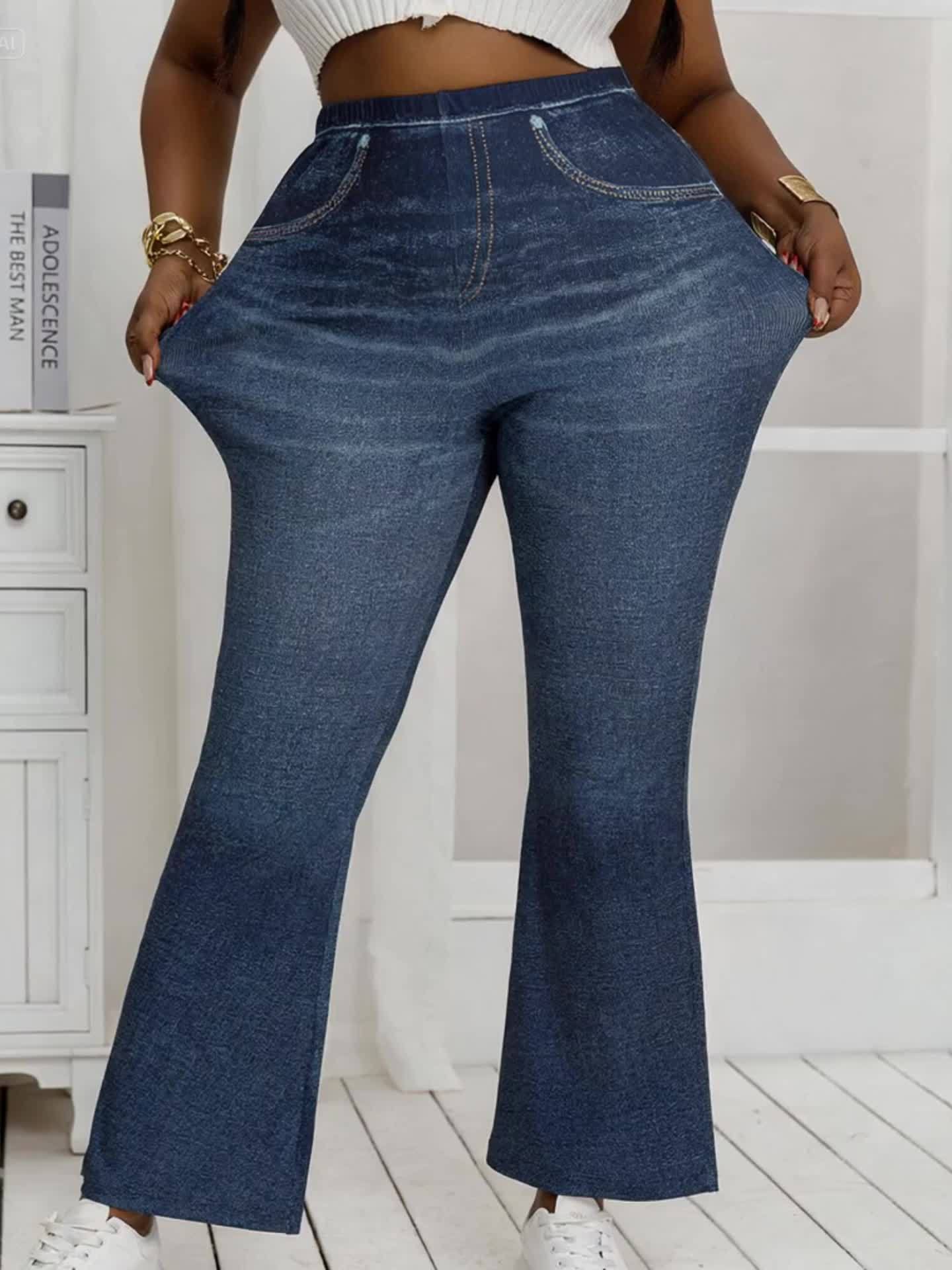 Plus Size, [Denim Print/Imitation Denim] Women's Plus Size High-Waisted Light Wash Blue Distressed All-Over Print Wide-Leg Tapered Bell-Bottom Jeans - Stretchy Comfortable Loose-Fit Trousers with Faux Pockets, Machine Washabl