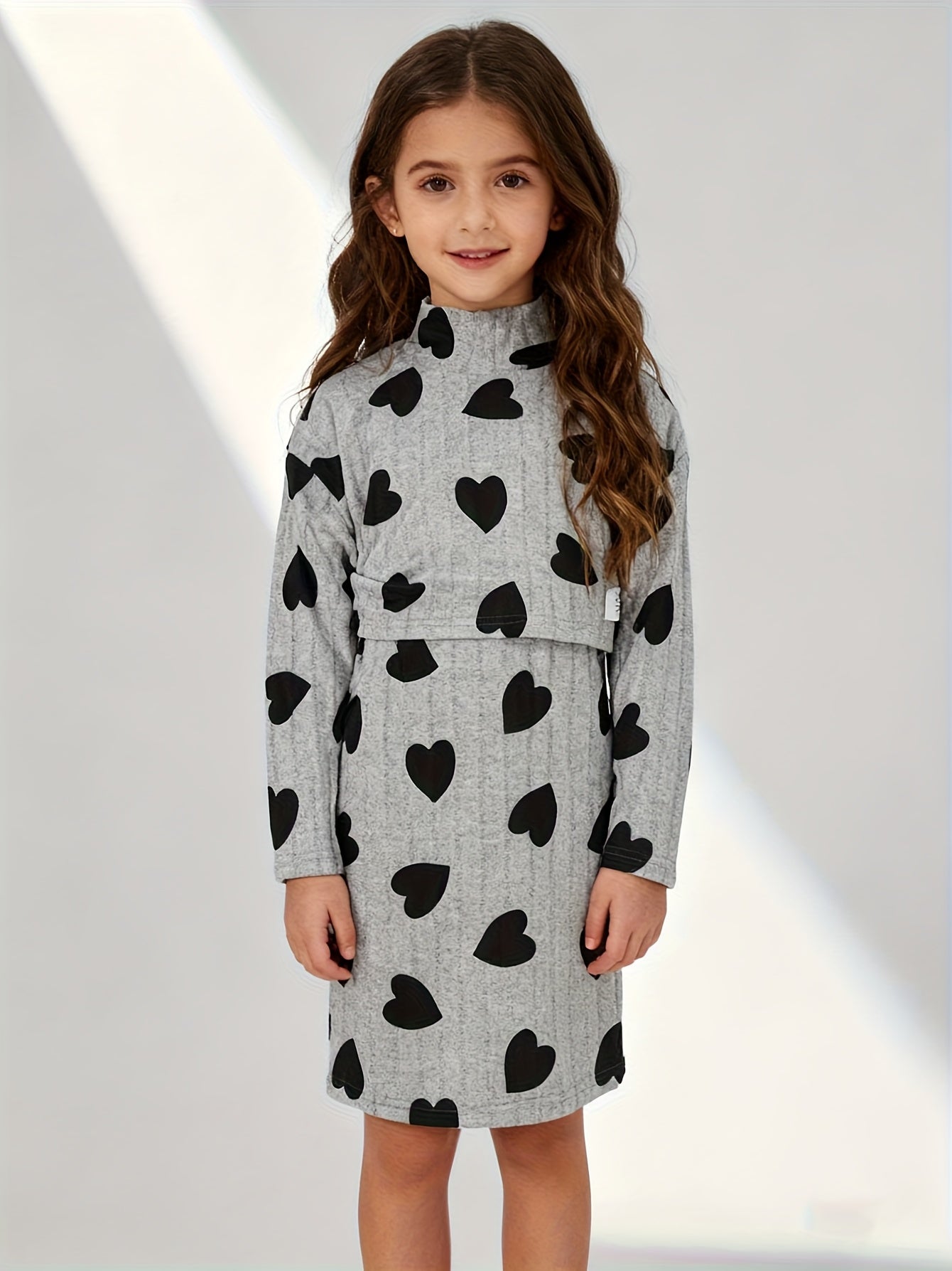 Girls Autumn Winter Heart Print High Neck Top Layered Dress