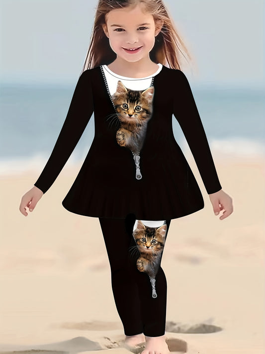 3D Printed Cat Pattern Kids Dress And Pants Outfit