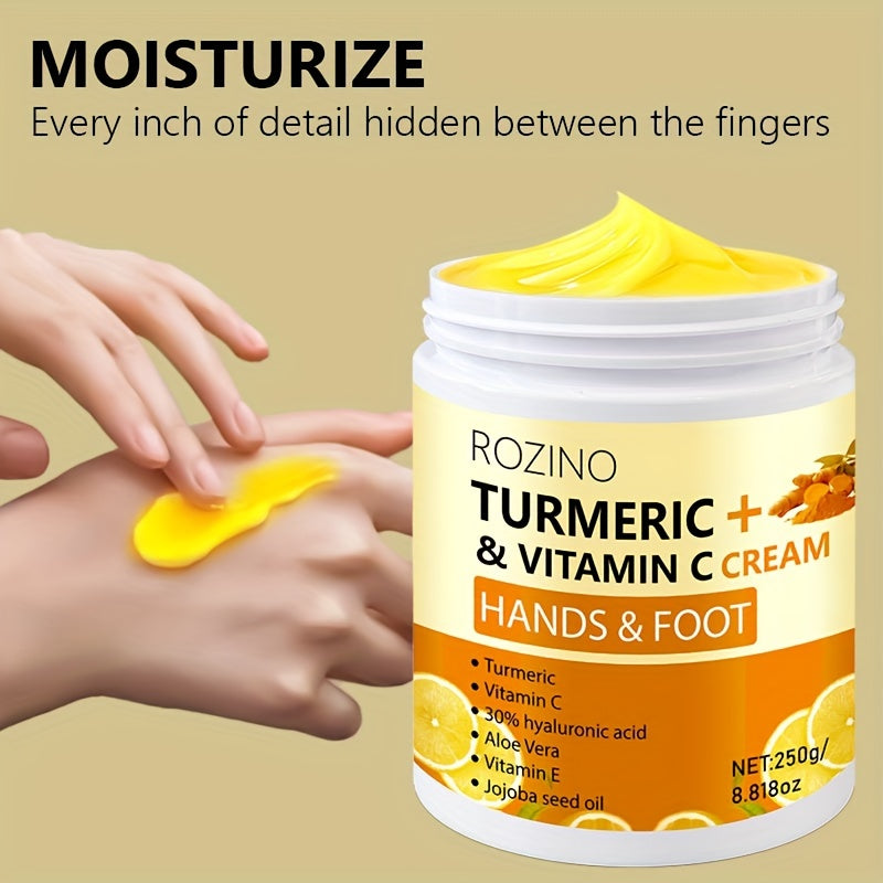 ROZINO Turmeric & Vitamin C Hand & Foot Cream, 10-in-1 Instant Hydration, Deep Moisturizing, Non-Greasy, Long-Lasting Moisture for All Light Beige Types, Unisex, Ideal for Dry Feet & Hands, Foot Moisturizer, Sleek Jar Design,