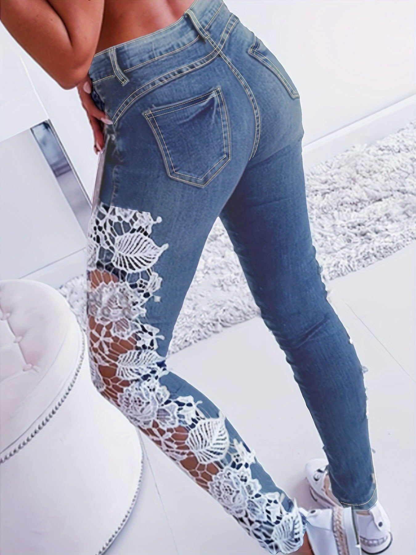 Denim Jeans With Lace Panel Hollow Out Skinny Fit Style