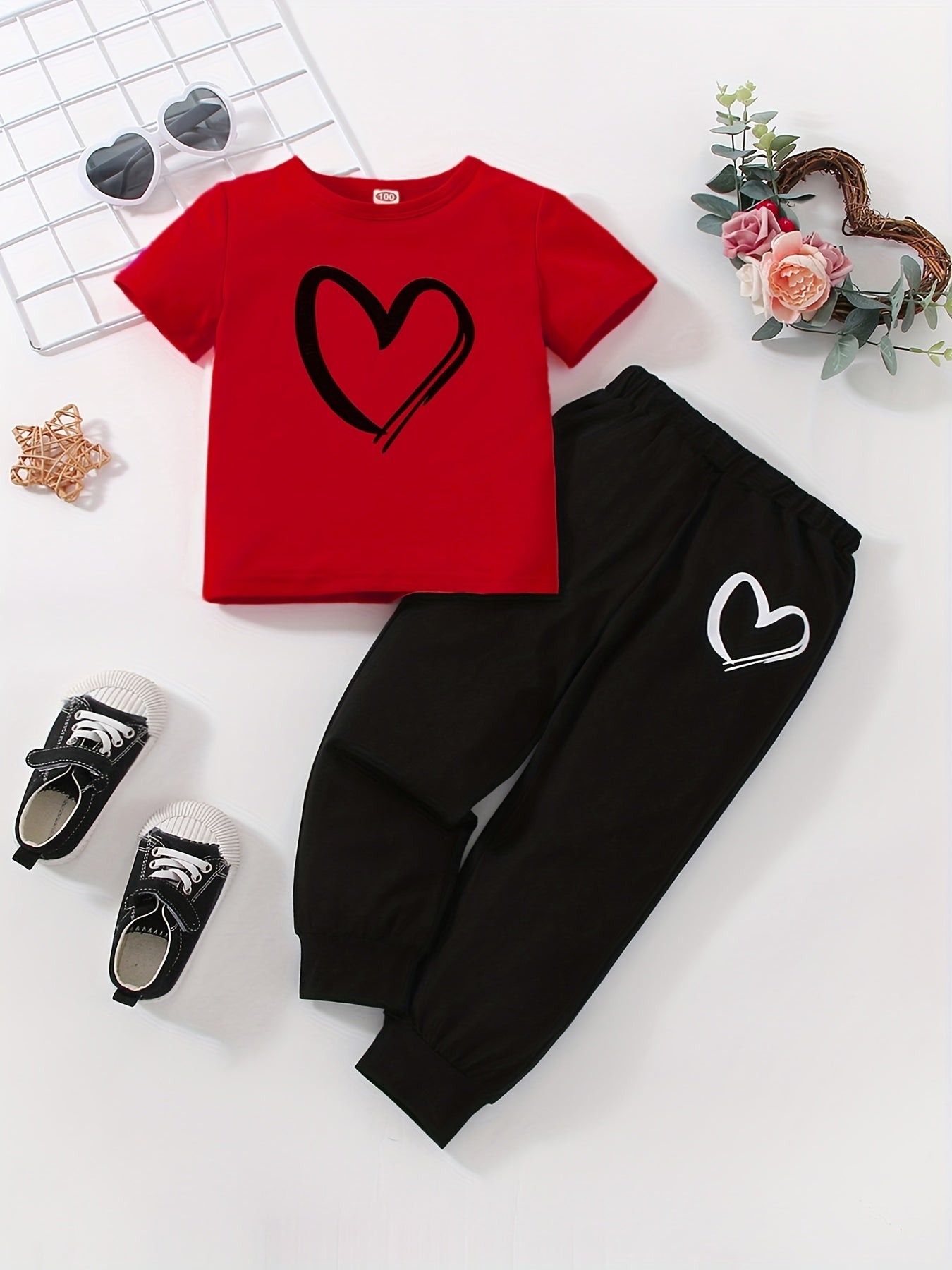 JOPGEEY Girls Heart Print 2pc T Shirt And Sweatpants Set