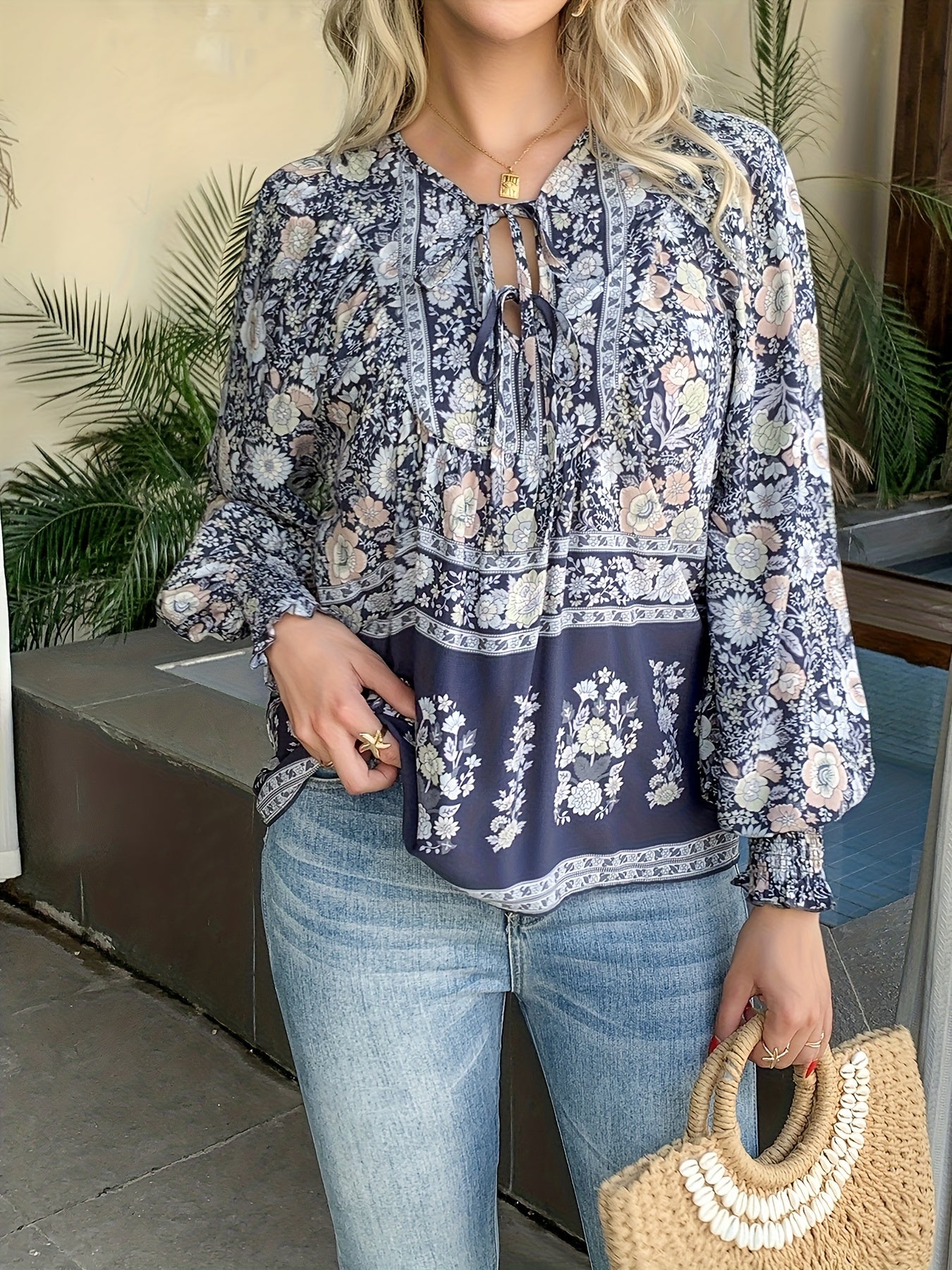 Floral Print V Neck Blouse With Drawstring Long Sleeve