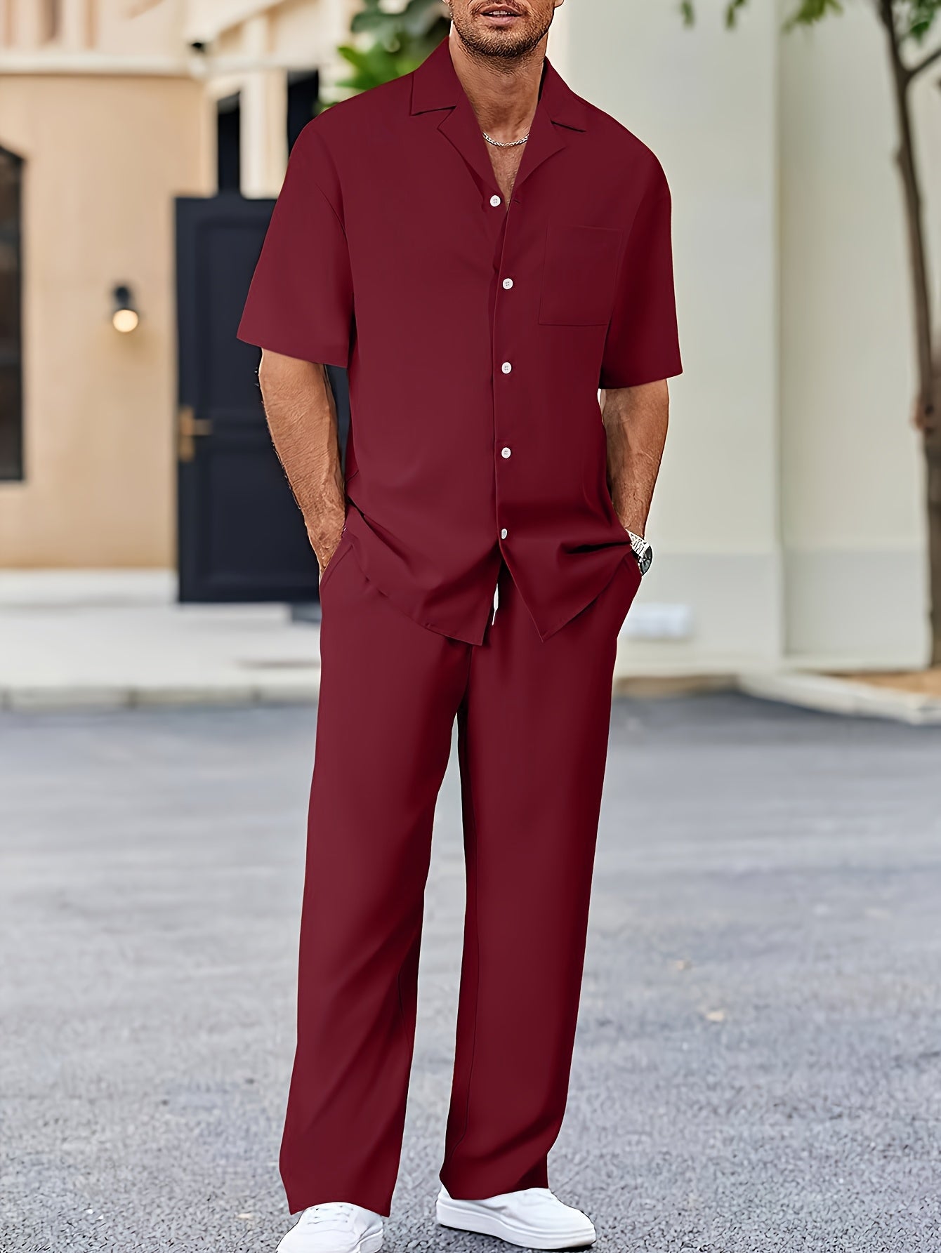 Machine Washable Polyester Men's Casual Suit-Inspired Short Sleeve Shirt & Loose Straight Pants Set