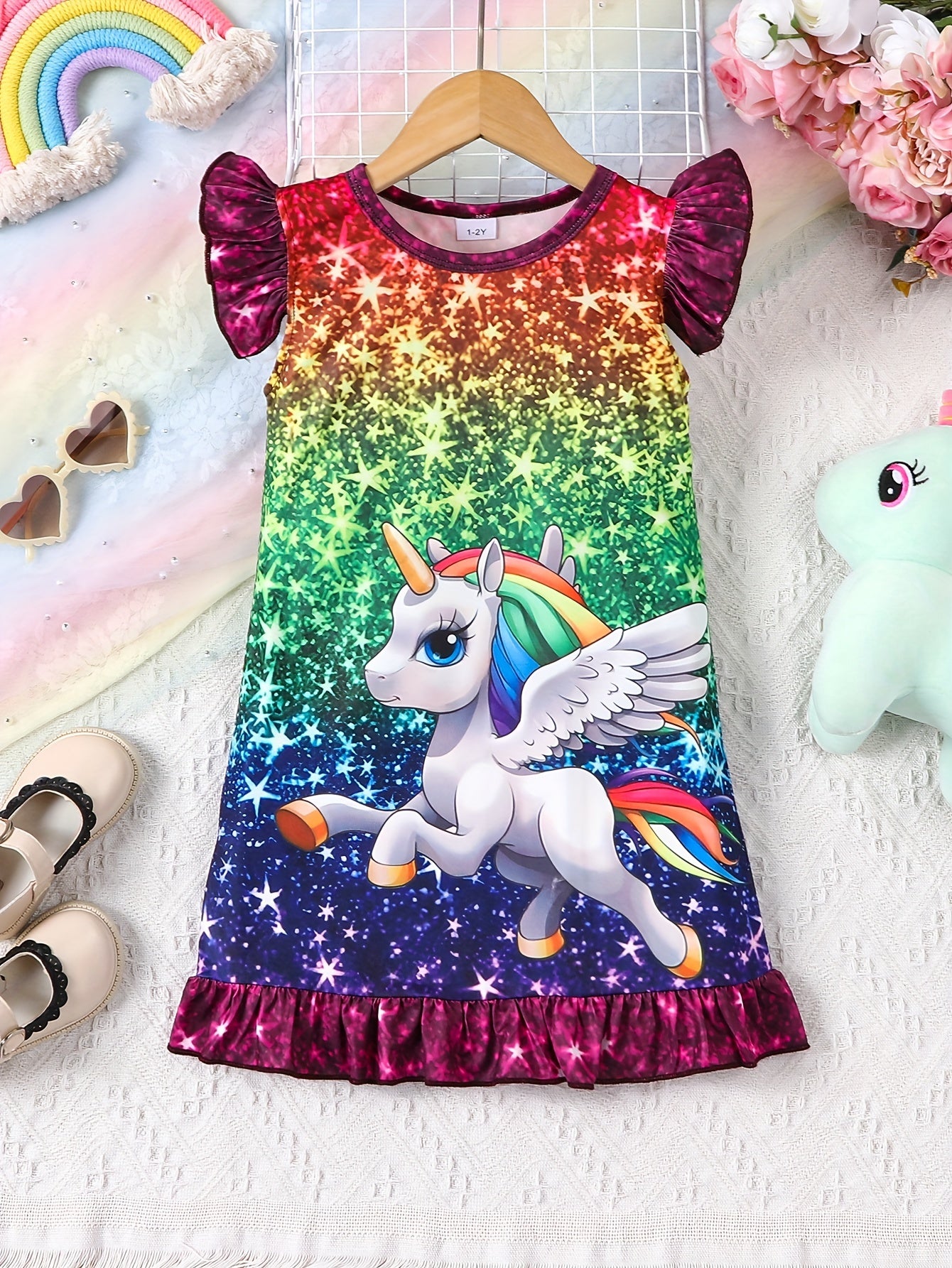 Girls Unicorn Sleep Dress Set Two Pieces Knee Length Pajamas