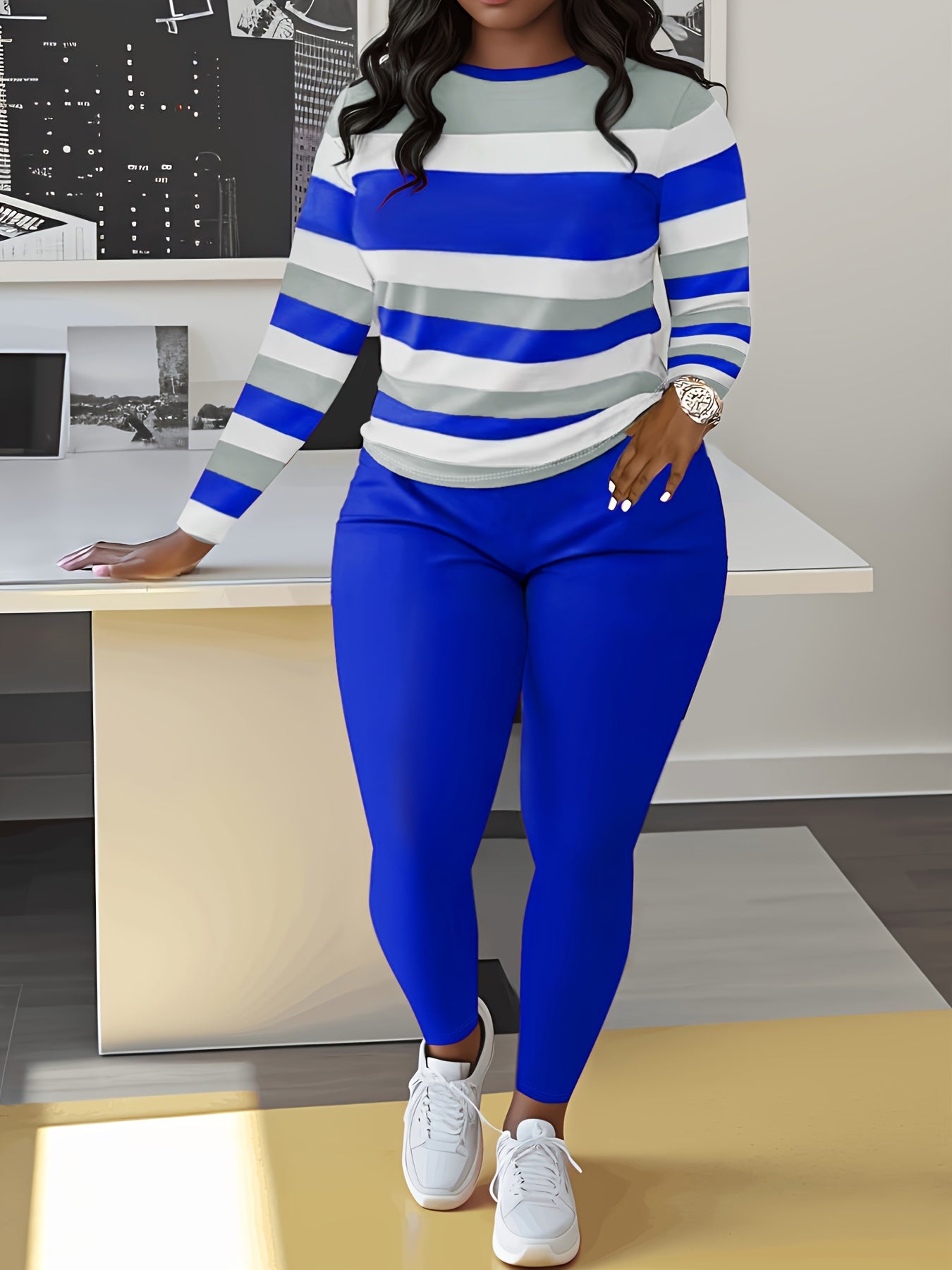 Two-piece Slim Matching Set: Long Sleeve Crew Neck Striped Color Block T-shirt & Solid Elastic Waist Pants Outfits for Women