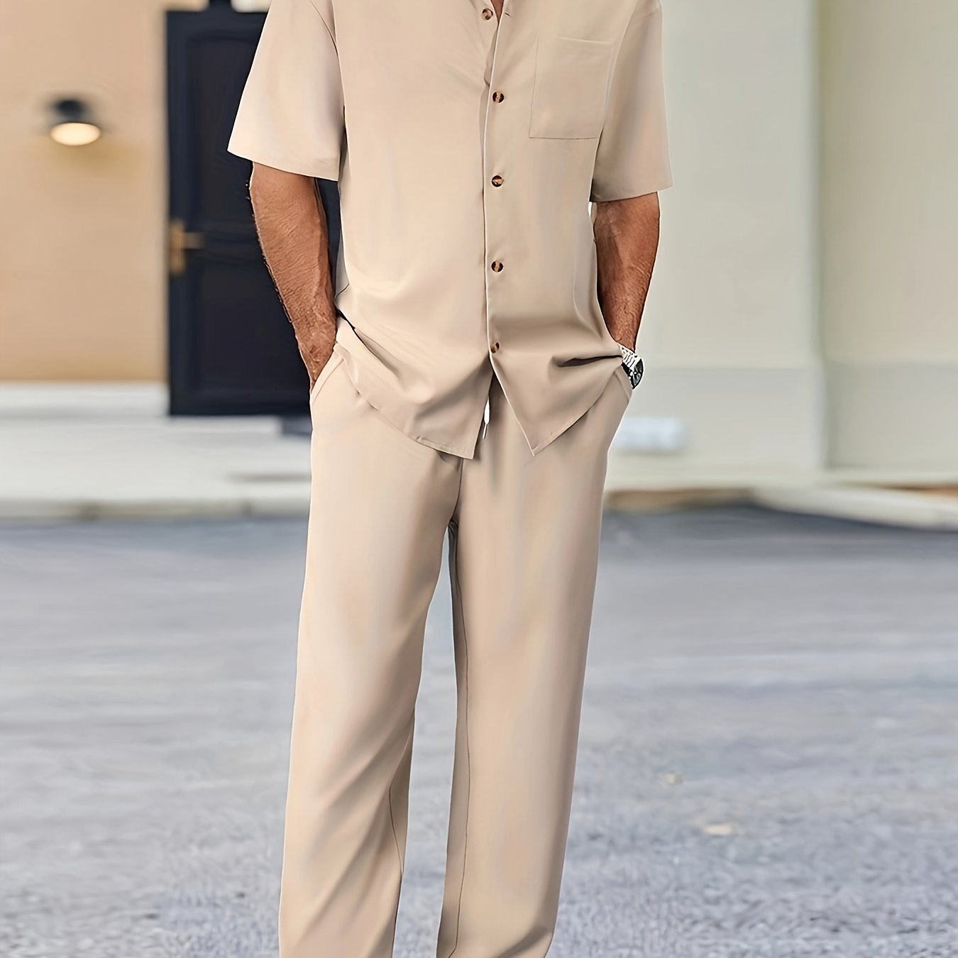 Machine Washable Polyester Men's Casual Suit-Inspired Short Sleeve Shirt & Loose Straight Pants Set
