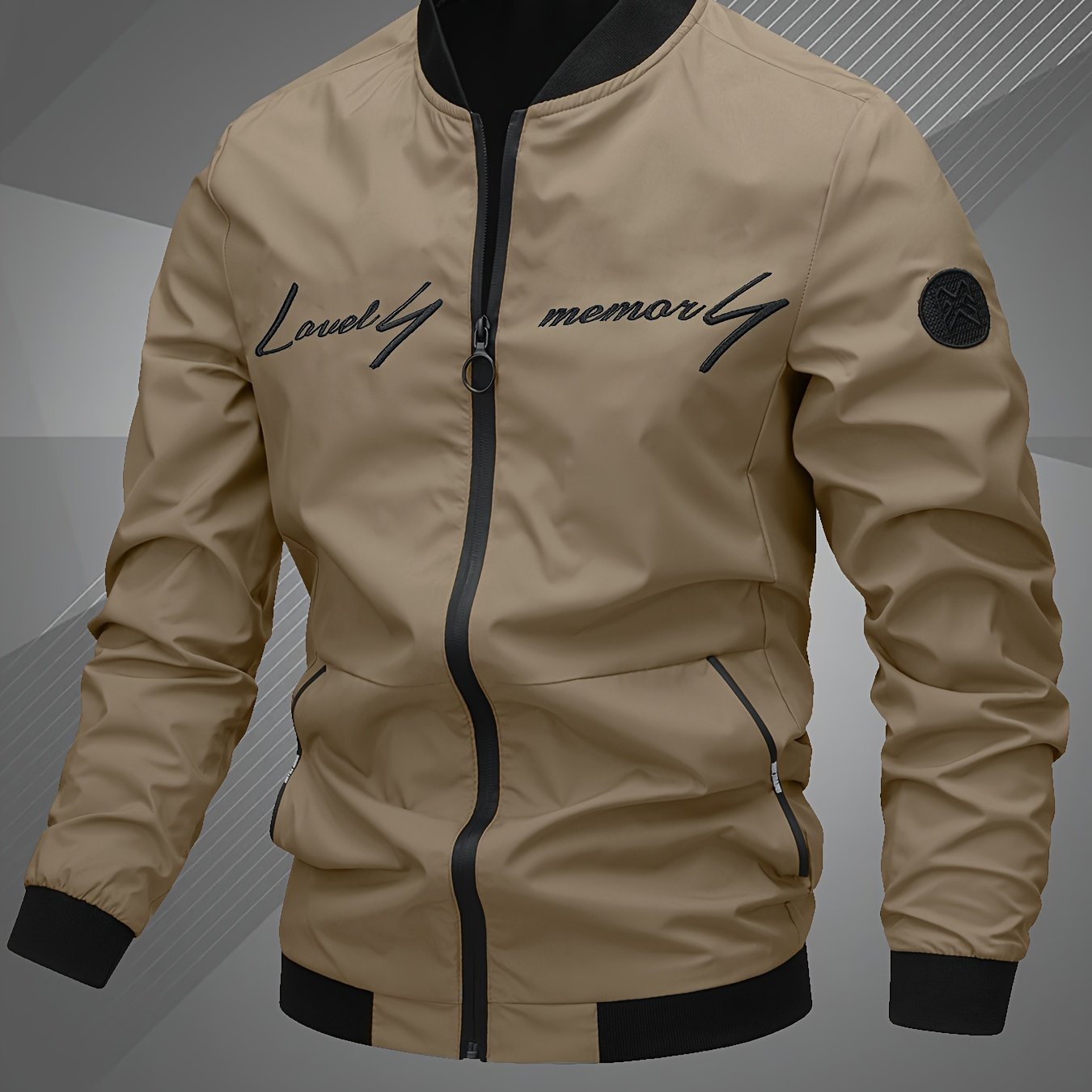 Mens Letter Embroidered Casual Bomber Jacket Regular Fit