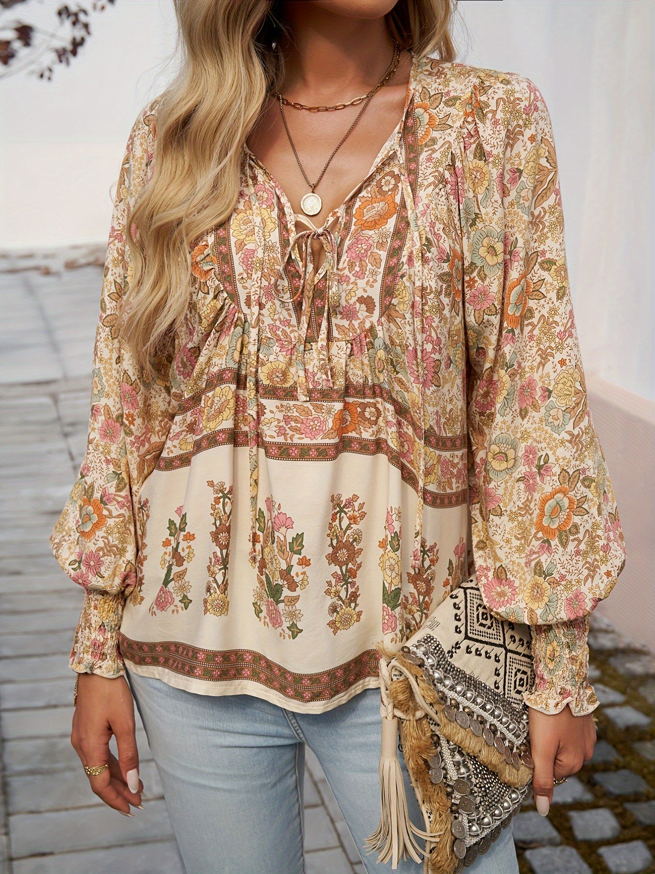 Floral Print V Neck Blouse With Drawstring Long Sleeve