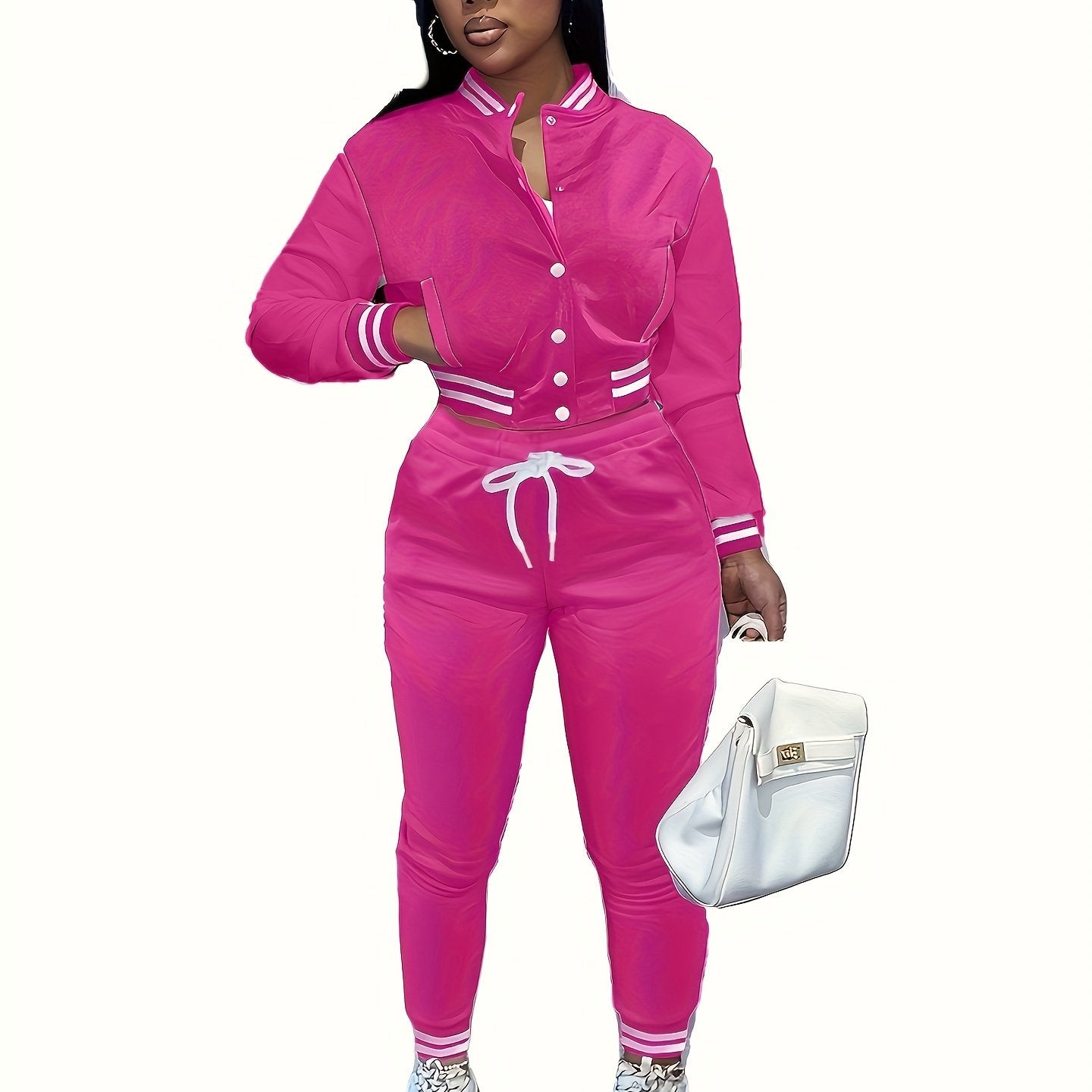 [Casual Baseball Jacket Set] Women's Casual Two-Piece Set - Solid Color Baseball Jacket & Pants, Long Sleeve, Regular Fit, Single-Breasted Buttons | Casual Style