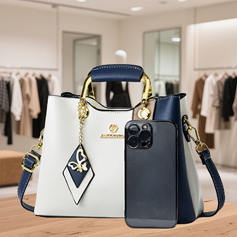 2024 New Women's Color-Block Tote Bag with Adjustable Crossbody/Shoulder Strap, Golden-Tone Hardware & Magnetic Closure - High Quality Casual Handbag for Commuting, Work, Travel - Navy/Beige/White Contrast Design, Crossbody P