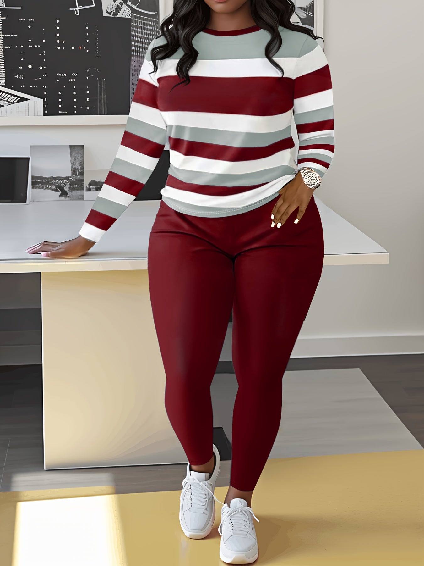 Two-piece Slim Matching Set: Long Sleeve Crew Neck Striped Color Block T-shirt & Solid Elastic Waist Pants Outfits for Women