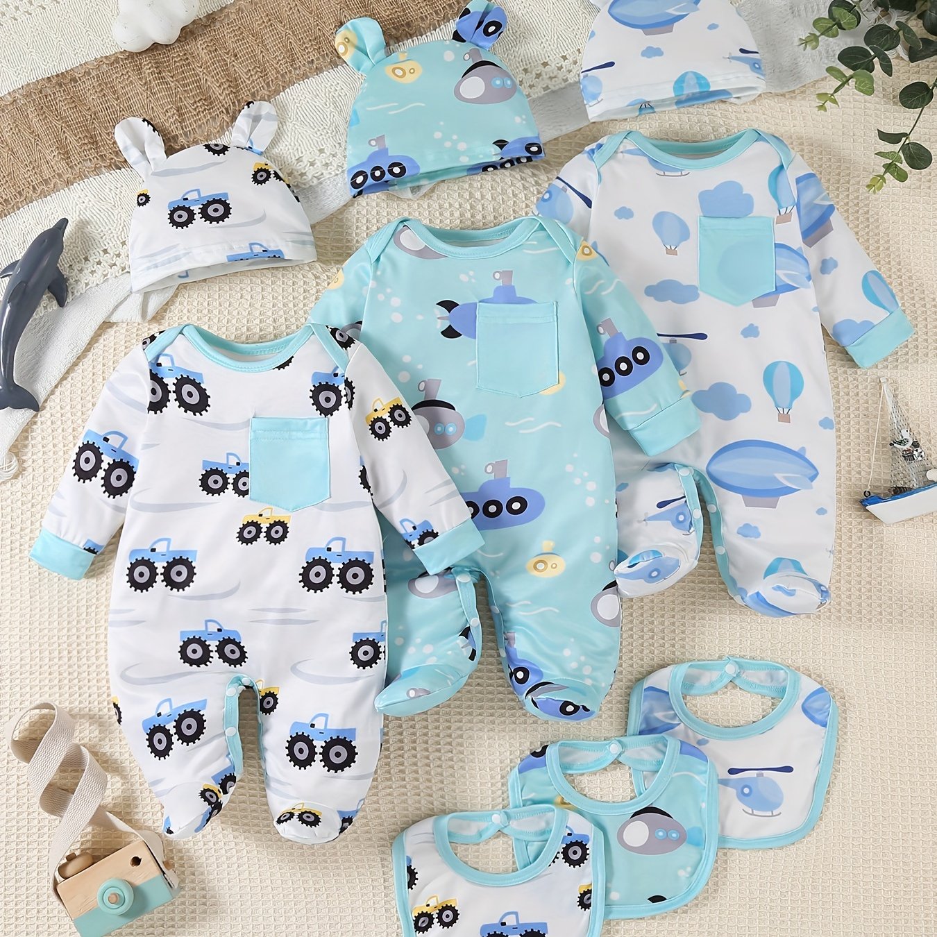 SHIXUANBAOBEI Newborn Long Sleeve Wrap Bodysuit Cartoon Vehicles