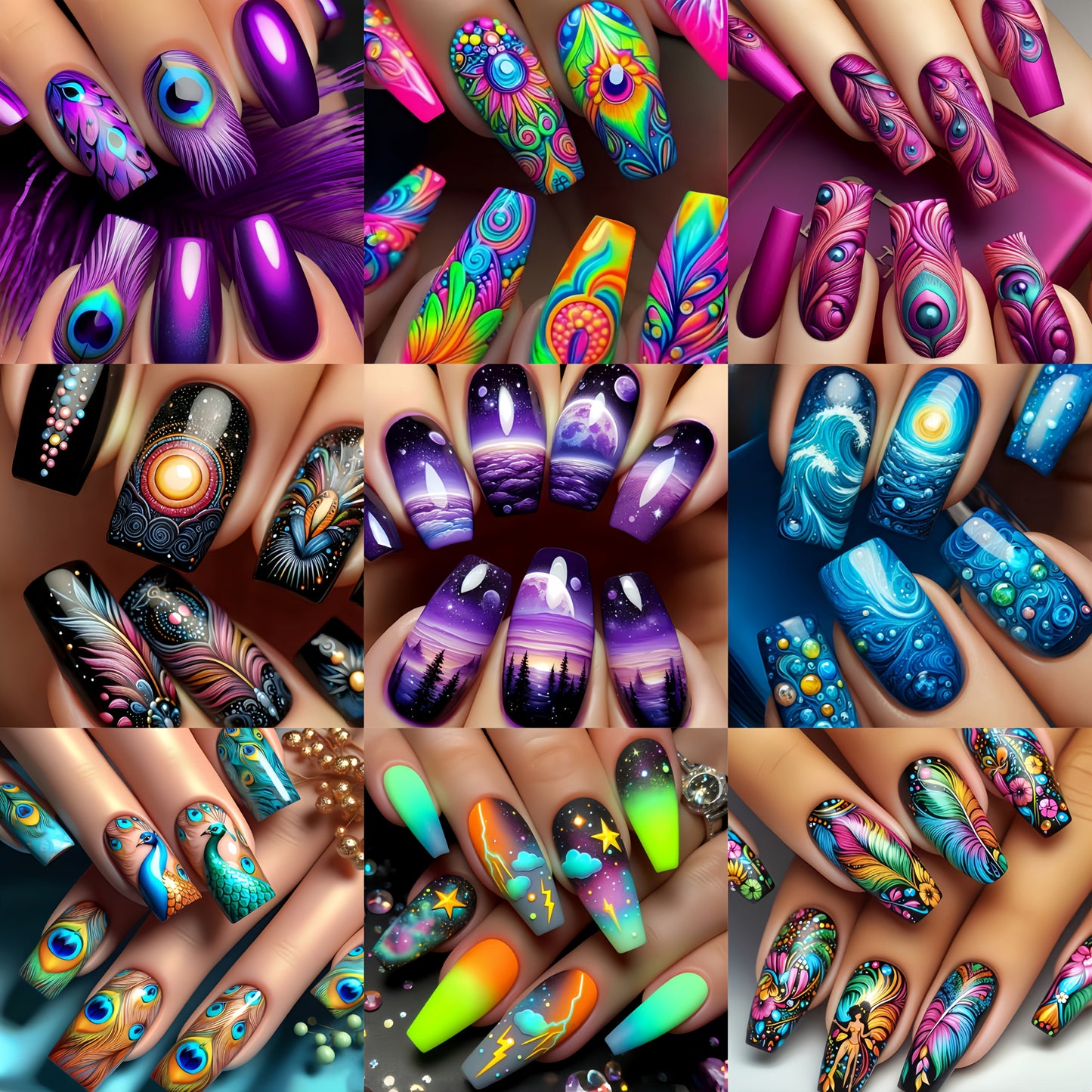 216 Pieces Press On Nail Set Floral Geometric Almond Glossy