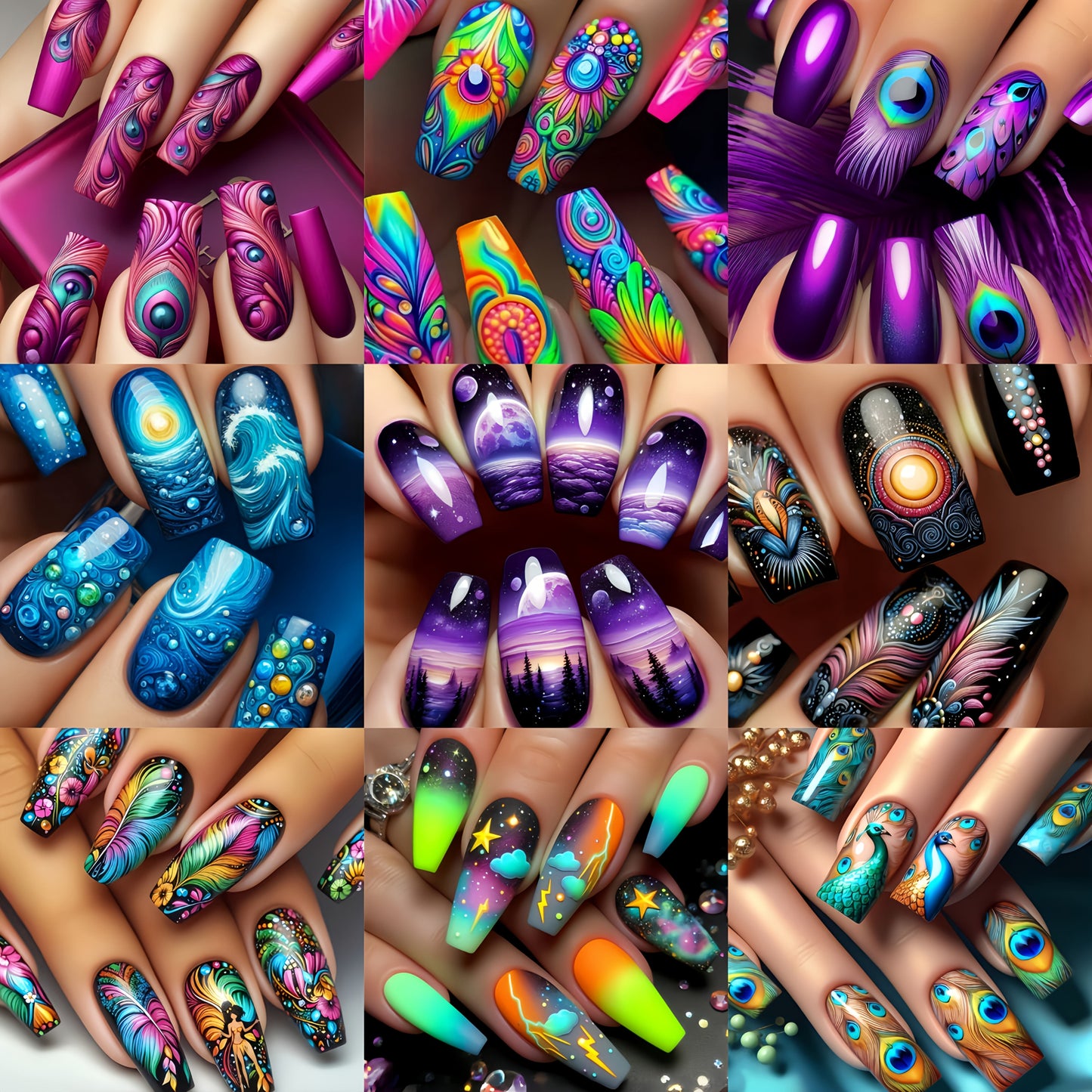 216 Pieces Press On Nail Set Floral Geometric Almond Glossy