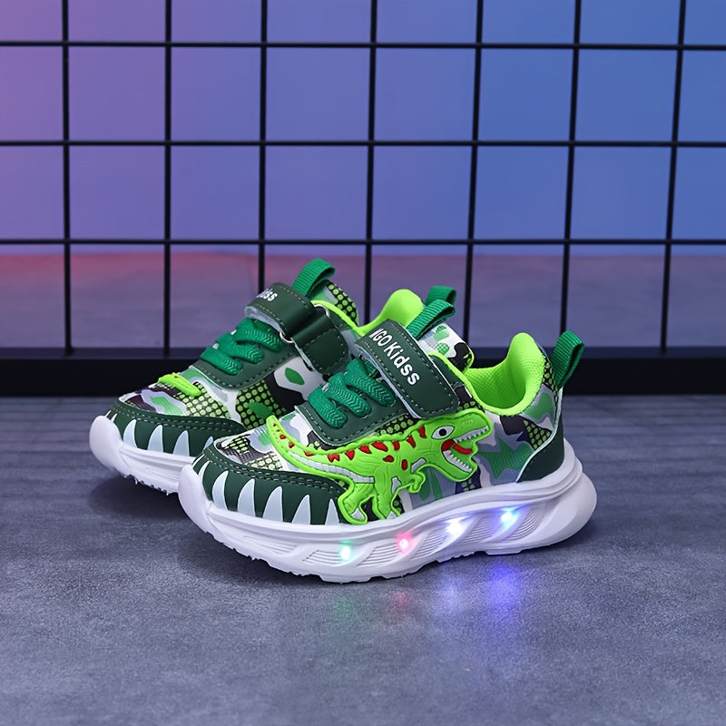 MGO Kidss new dinosaur sports shoes in spring and autumn, with LED lights, artificial  surface boy shoes, bright sports shoes, boy dinosaur shoes, spring and autumn cartoon boy sports shoes, flashing lights suitable for 1-6 y