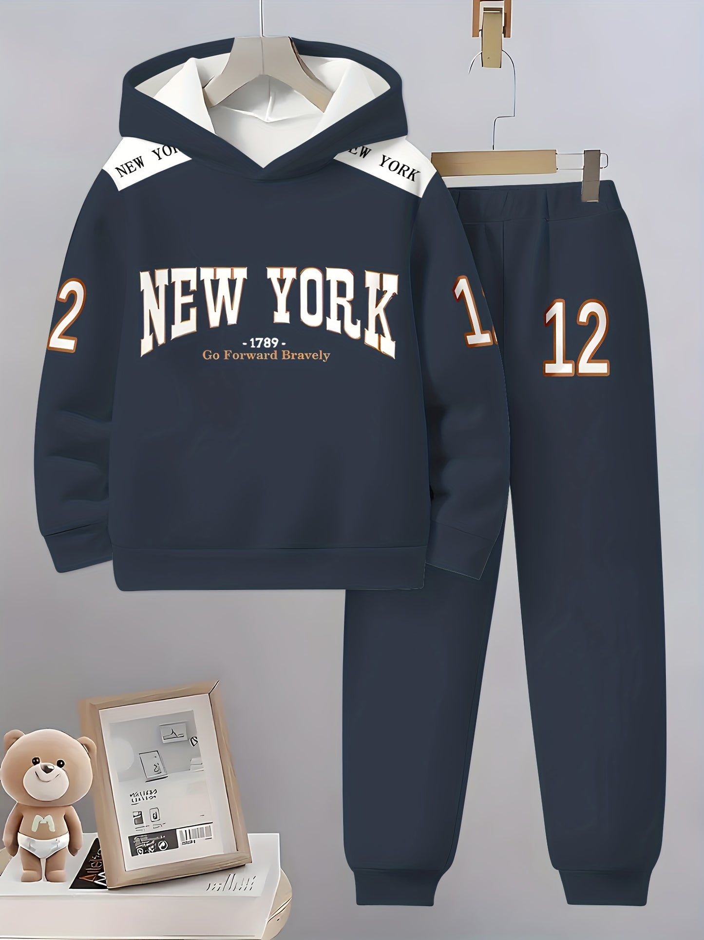 New York Element Print Boys Hoodie Set For Outdoor Activities