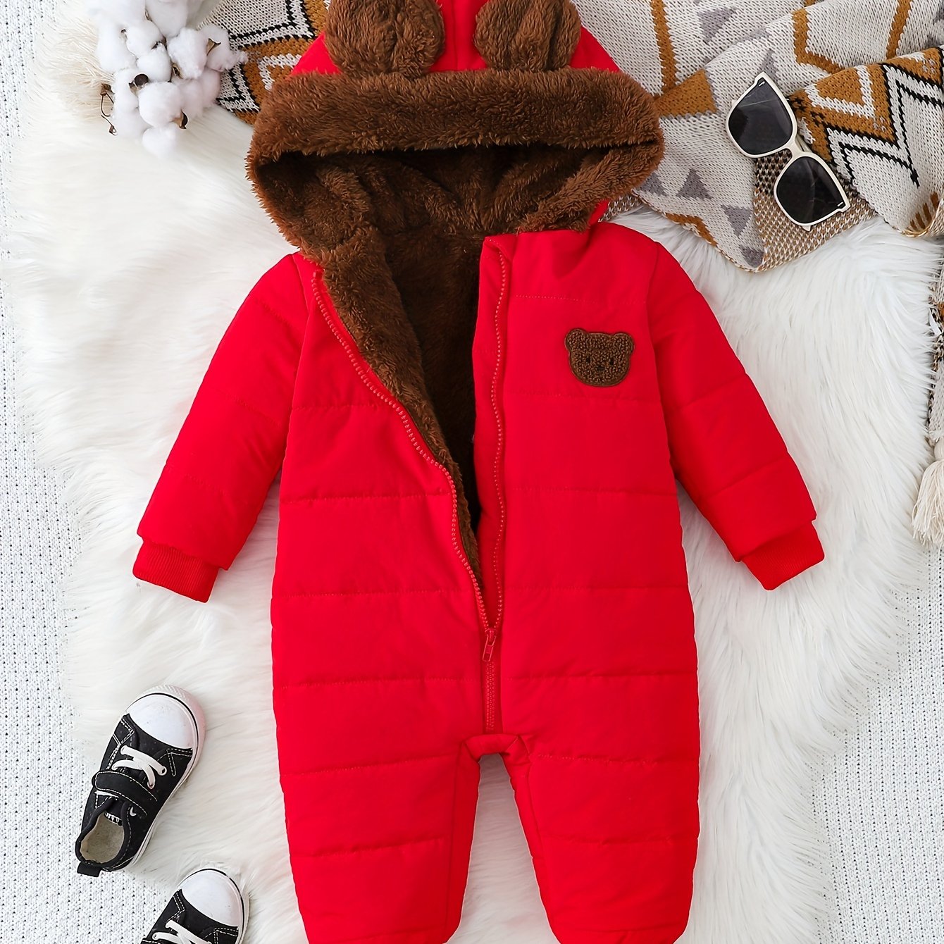 Baby Boy Winter Plush Hooded Jumpsuit for Outdoors