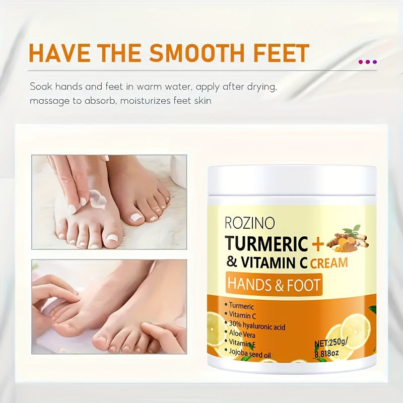 ROZINO Turmeric & Vitamin C Hand & Foot Cream, 10-in-1 Instant Hydration, Deep Moisturizing, Non-Greasy, Long-Lasting Moisture for All Light Beige Types, Unisex, Ideal for Dry Feet & Hands, Foot Moisturizer, Sleek Jar Design,