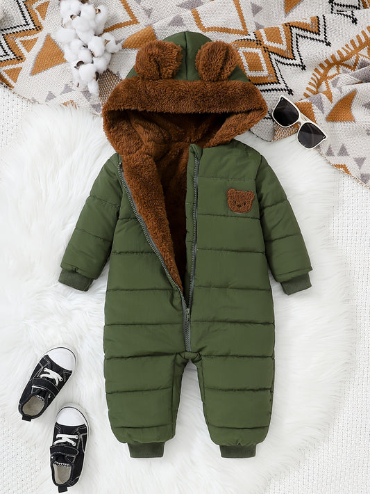 Baby Boy Winter Plush Hooded Jumpsuit for Outdoors