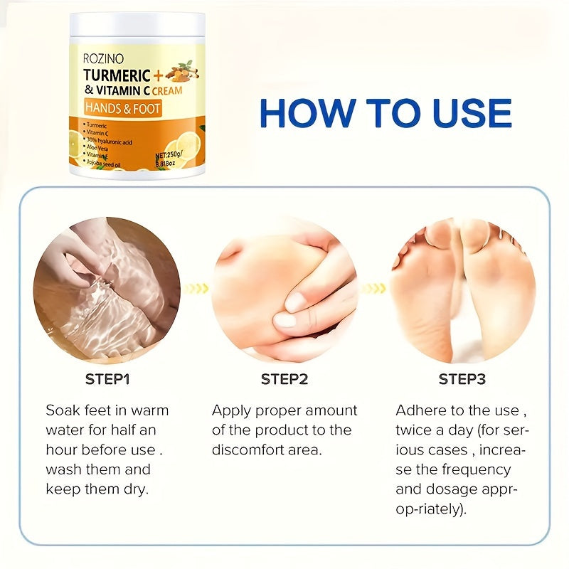 ROZINO Turmeric & Vitamin C Hand & Foot Cream, 10-in-1 Instant Hydration, Deep Moisturizing, Non-Greasy, Long-Lasting Moisture for All Light Beige Types, Unisex, Ideal for Dry Feet & Hands, Foot Moisturizer, Sleek Jar Design,