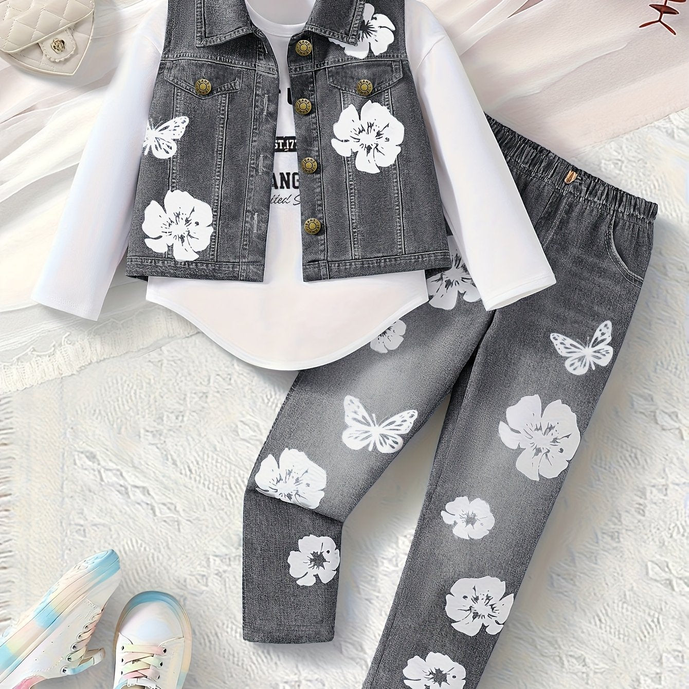 Girls Autumn Winter 3 Piece Print Set Vest And Pants
