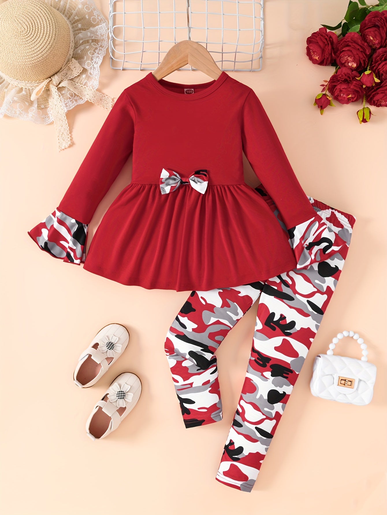 Girls Camouflage Bow Tie Flared Dress and Print Pants Set