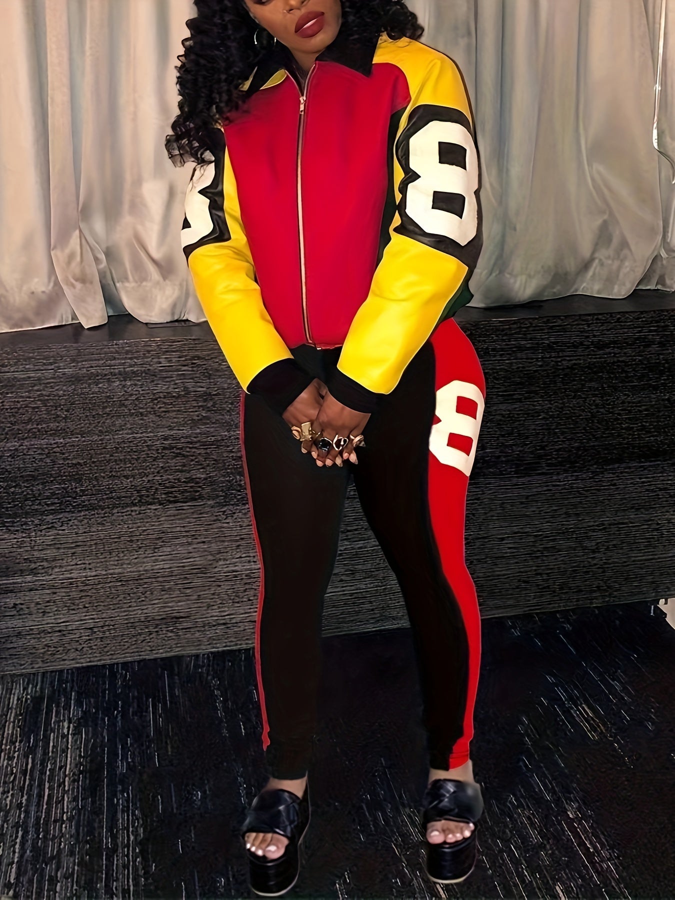 Color Block Two-piece Set, Casual Zip Up Jacket & Pants Outfits For Fall & Winter, Women's Clothing