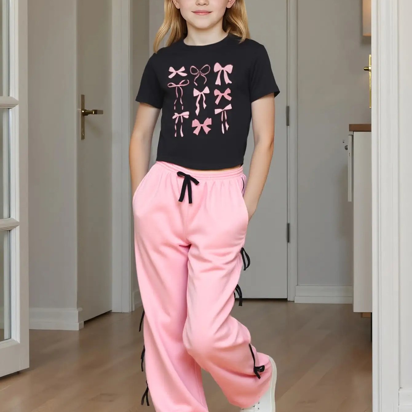 Girls 3D Digital Print Short Sleeve Cropped Pants Set Pockets