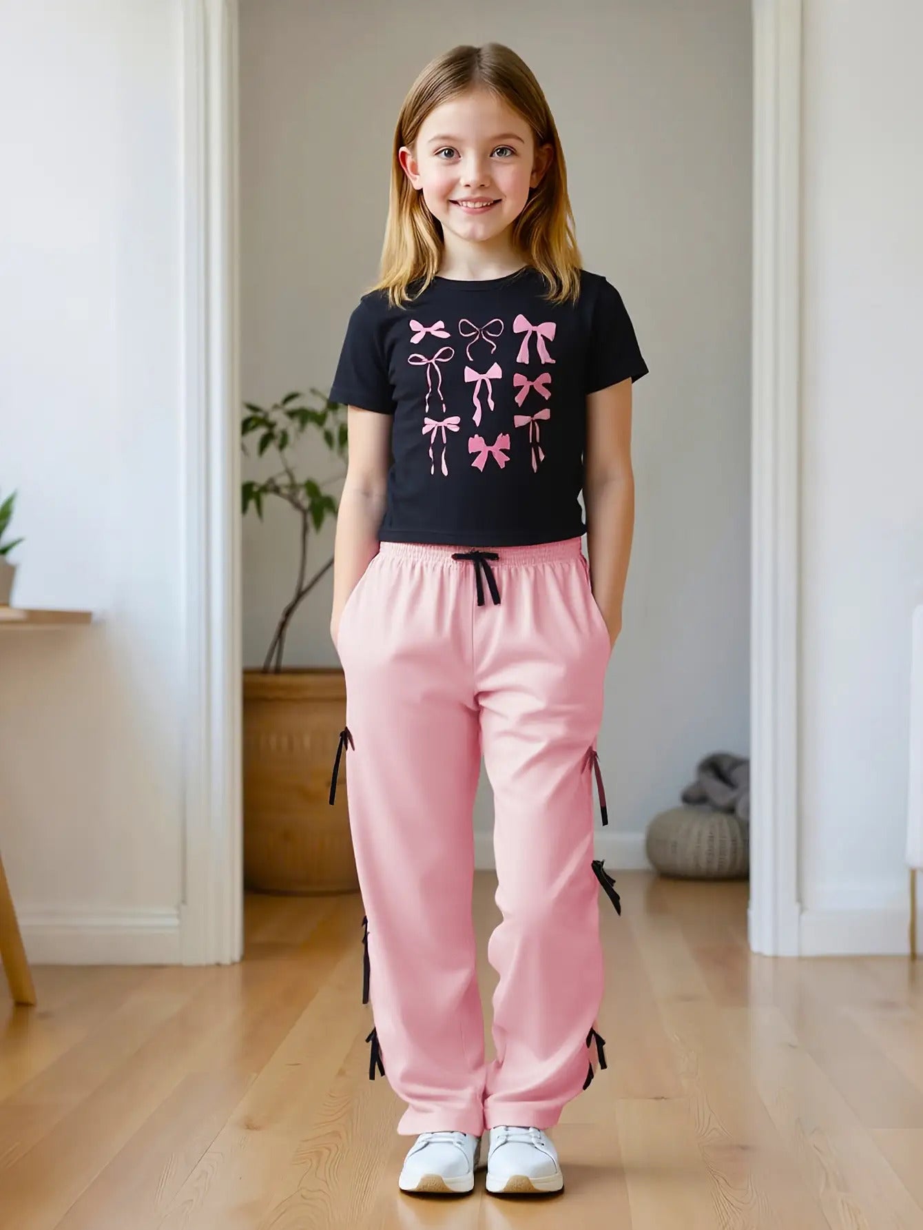 Girls 3D Digital Print Short Sleeve Cropped Pants Set Pockets